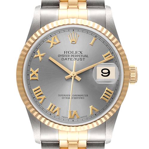 Photo of Rolex Datejust Steel Yellow Gold Slate Roman Dial Mens Watch 16233 Box Papers