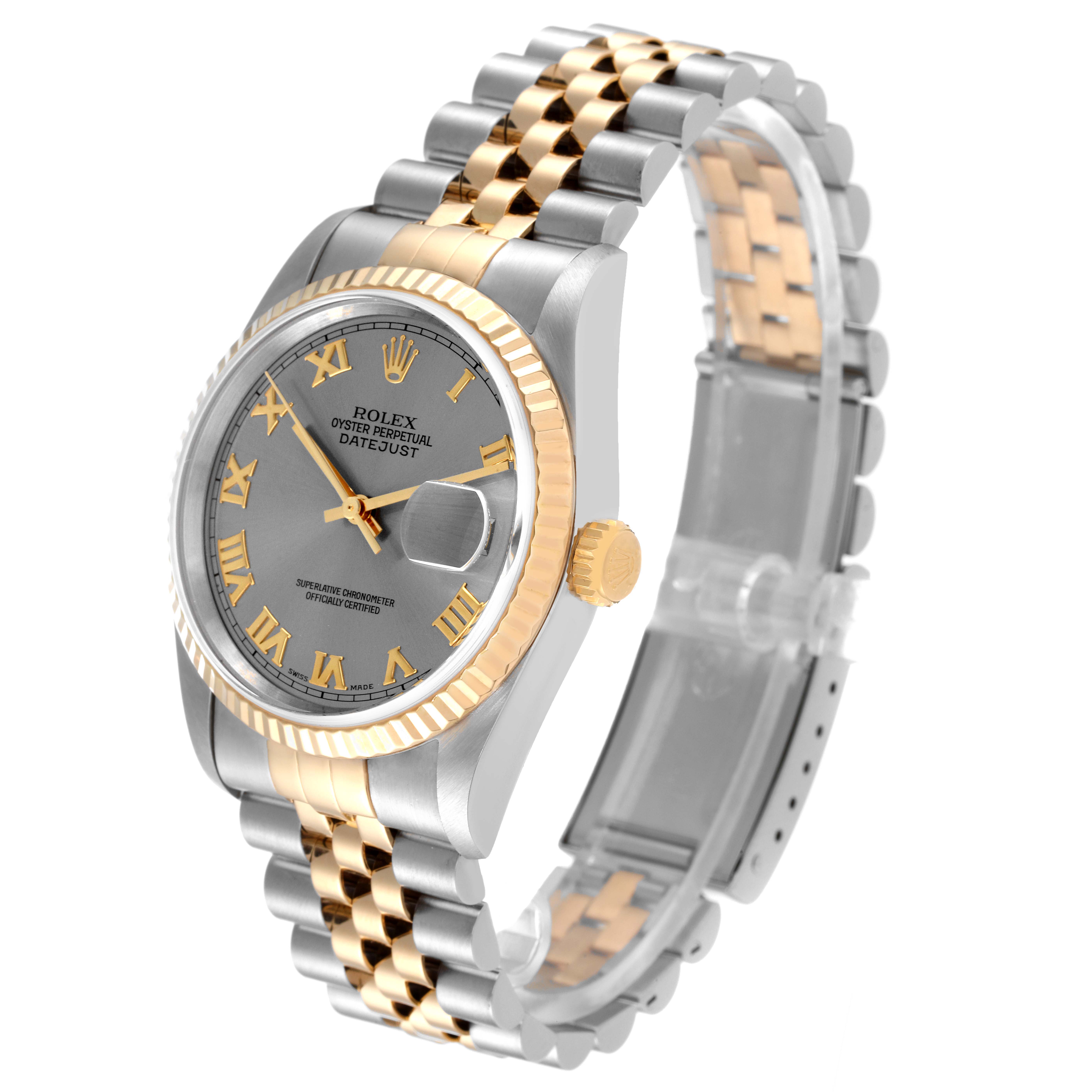 The image shows a Rolex Datejust 16233 Men
s Steel and Gold (two tone) Grey Dial 16233 Men
s Steel and Gold (two tone) Grey Dial watch at a slight angle, highlighting its dial, two-tone bracelet, and fluted bezel.