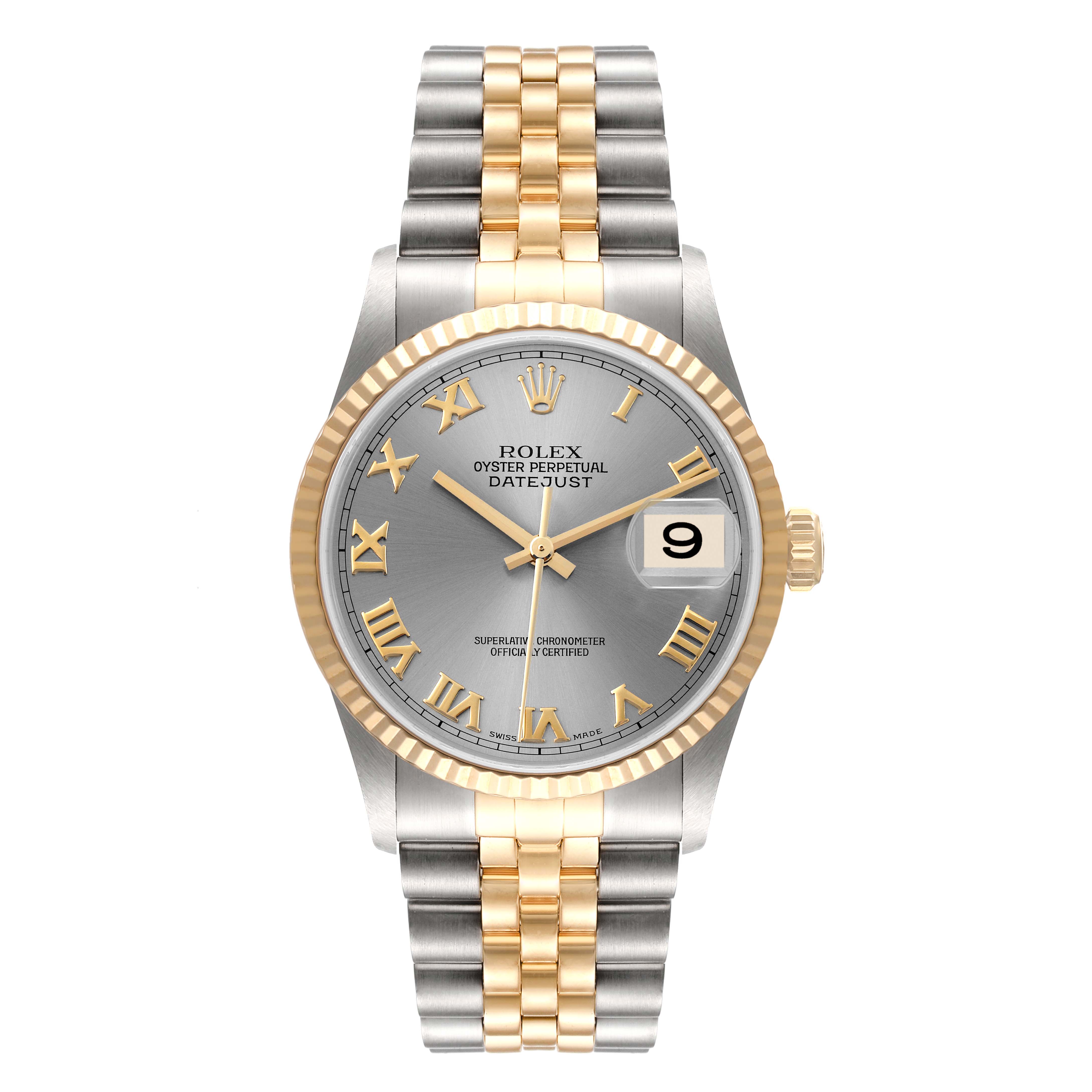 The Rolex Datejust 16233 Men
s Steel and Gold (two tone) Grey Dial 16233 Men
s Steel and Gold (two tone) Grey Dial watch is shown from a top-down angle, displaying its face, bezel, and two-tone bracelet.