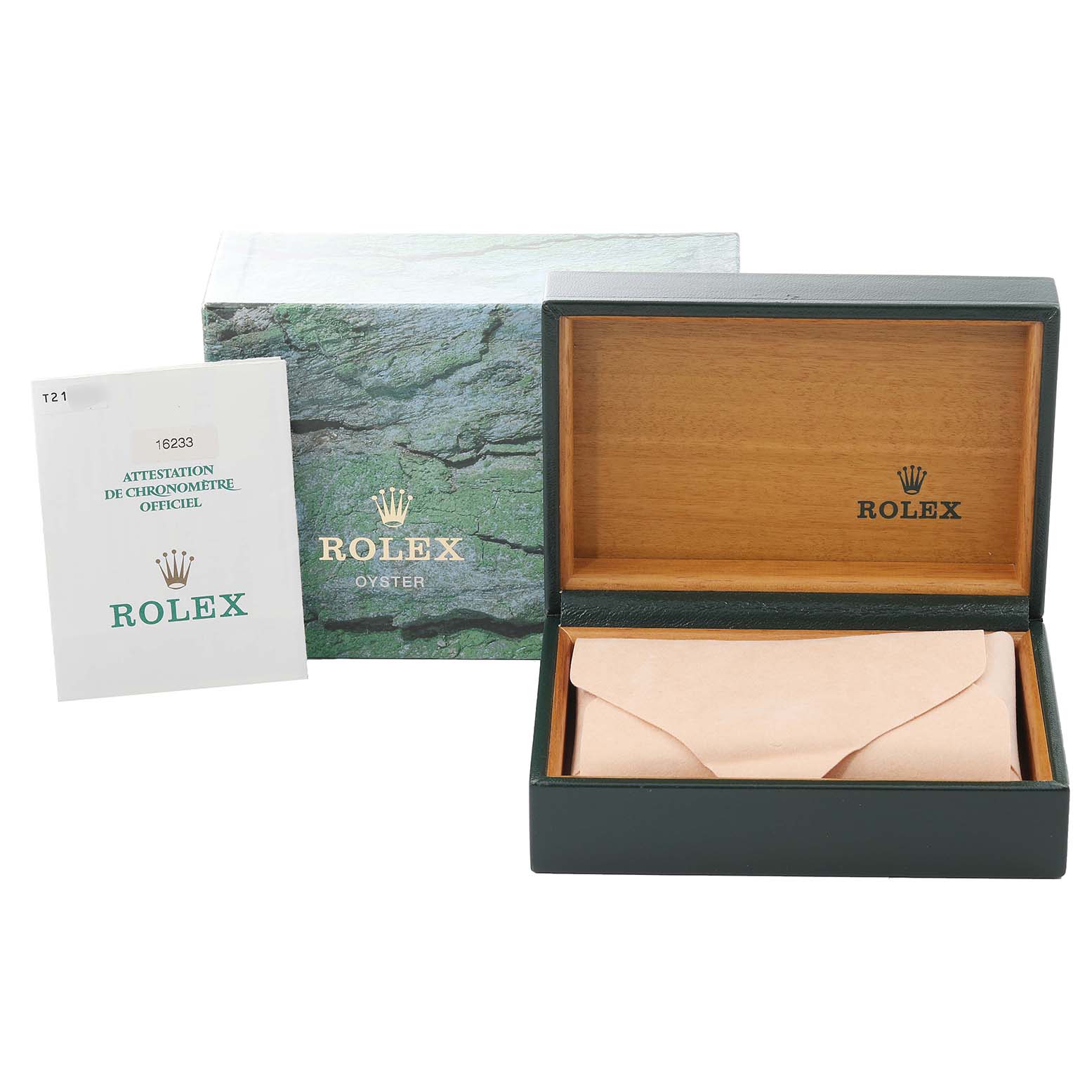The image shows the outer box, inner presentation box, and official certification document for a Rolex Datejust 16233 Men
s Steel and Gold (two tone) Grey Dial 16233 Men
s Steel and Gold (two tone) Grey Dial watch.