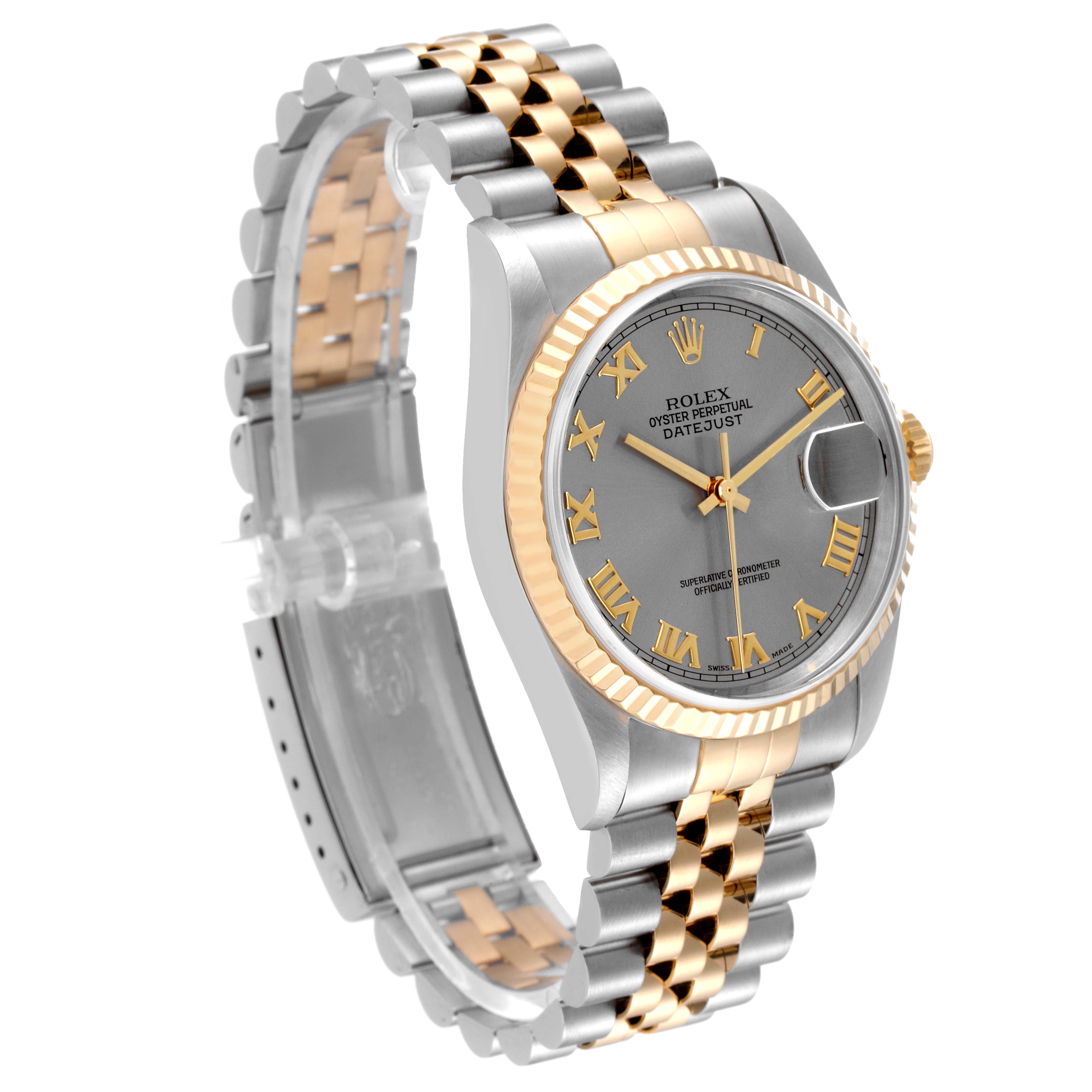 The image shows a Rolex Datejust 16233 Men
s Steel and Gold (two tone) Grey Dial 16233 Men
s Steel and Gold (two tone) Grey Dial watch at a three-quarter angle, highlighting its gold and silver bracelet, fluted bezel, and gray dial.