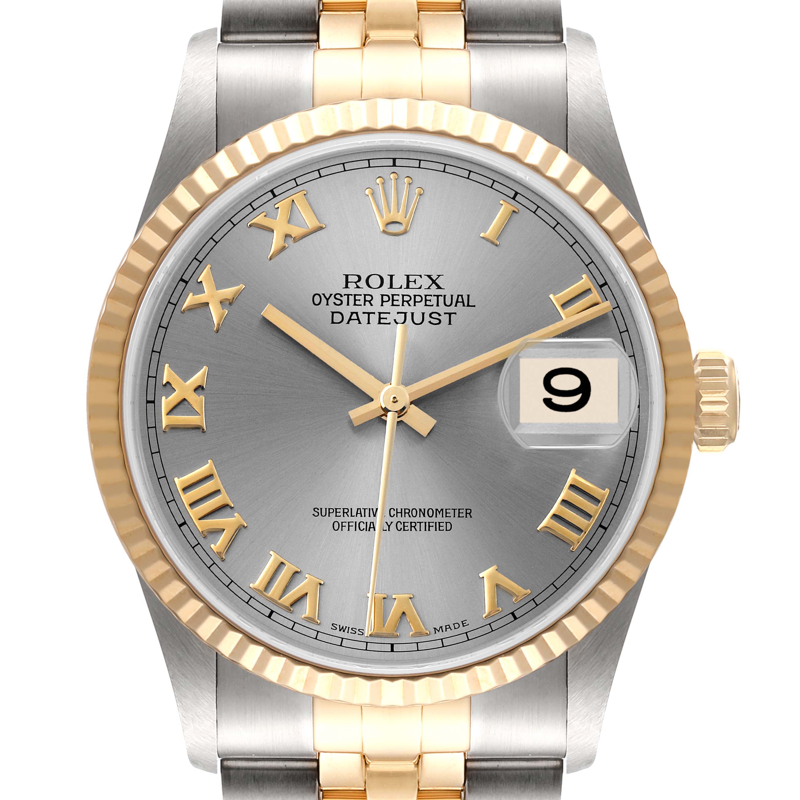 This image shows a front view of a Rolex Datejust 16233 Men
s Steel and Gold (two tone) Grey Dial 16233 Men
s Steel and Gold (two tone) Grey Dial watch, highlighting its dial, hands, date window, bezel, and part of the bracelet.