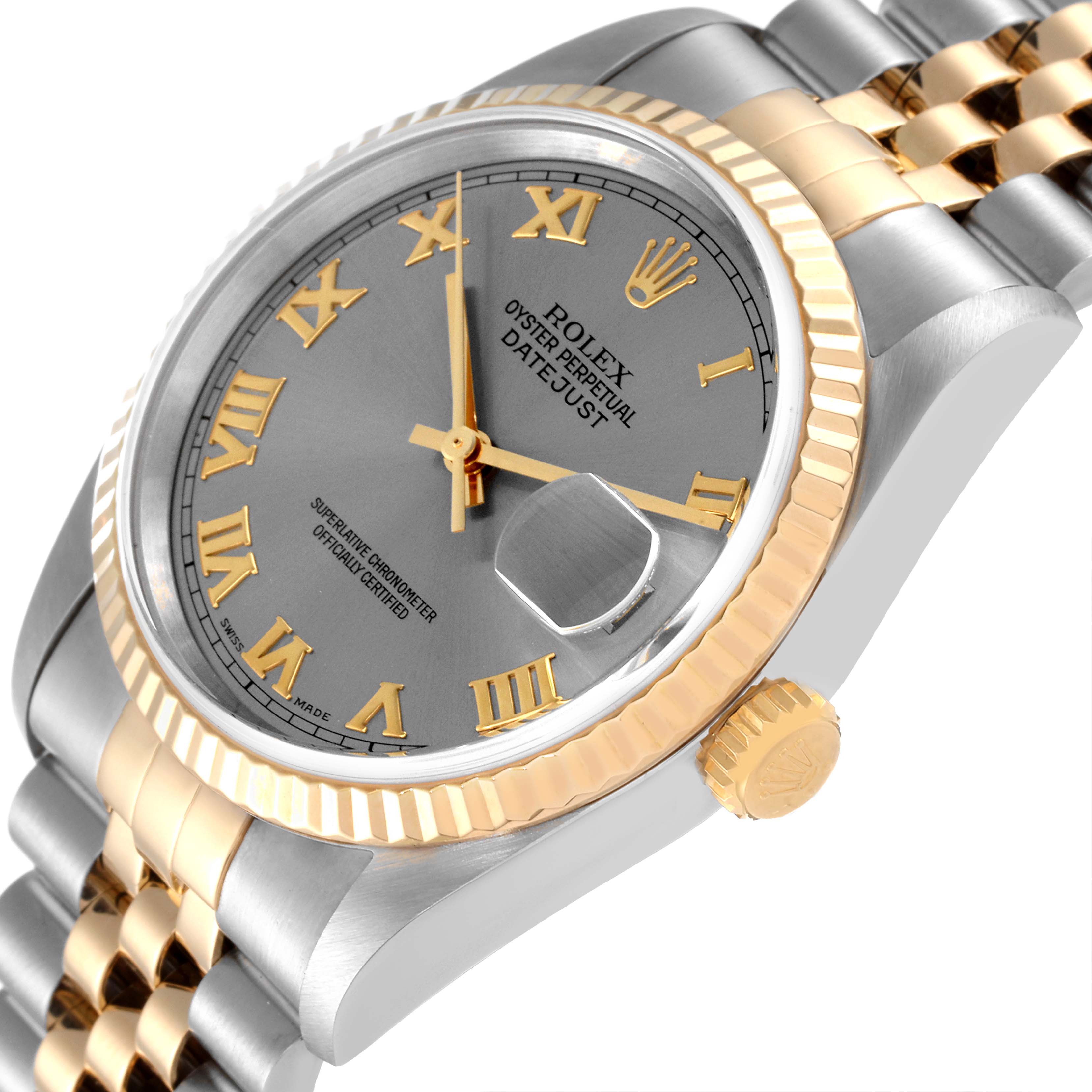 The image shows the Rolex Datejust 16233 Men
s Steel and Gold (two tone) Grey Dial 16233 Men
s Steel and Gold (two tone) Grey Dial watch at a three-quarter angle, highlighting its bezel, dial, crown, and two-tone bracelet.