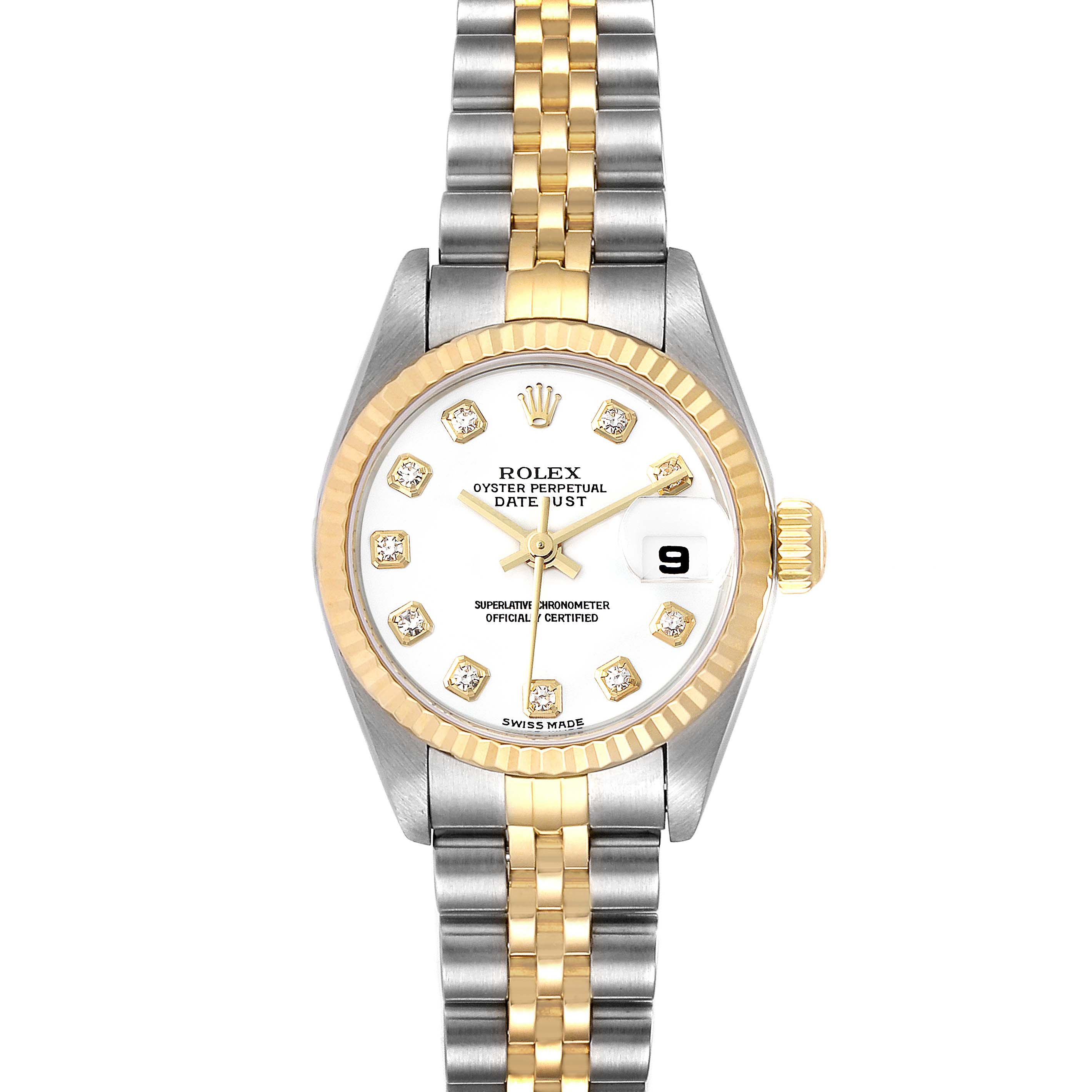 The image shows a Rolex Datejust 79173 Women's Steel and Gold (two tone) White Dial 79173 Women's Steel and Gold (two tone) White Dial watch from a front angle, highlighting the face, bezel, crown, and two-tone bracelet.