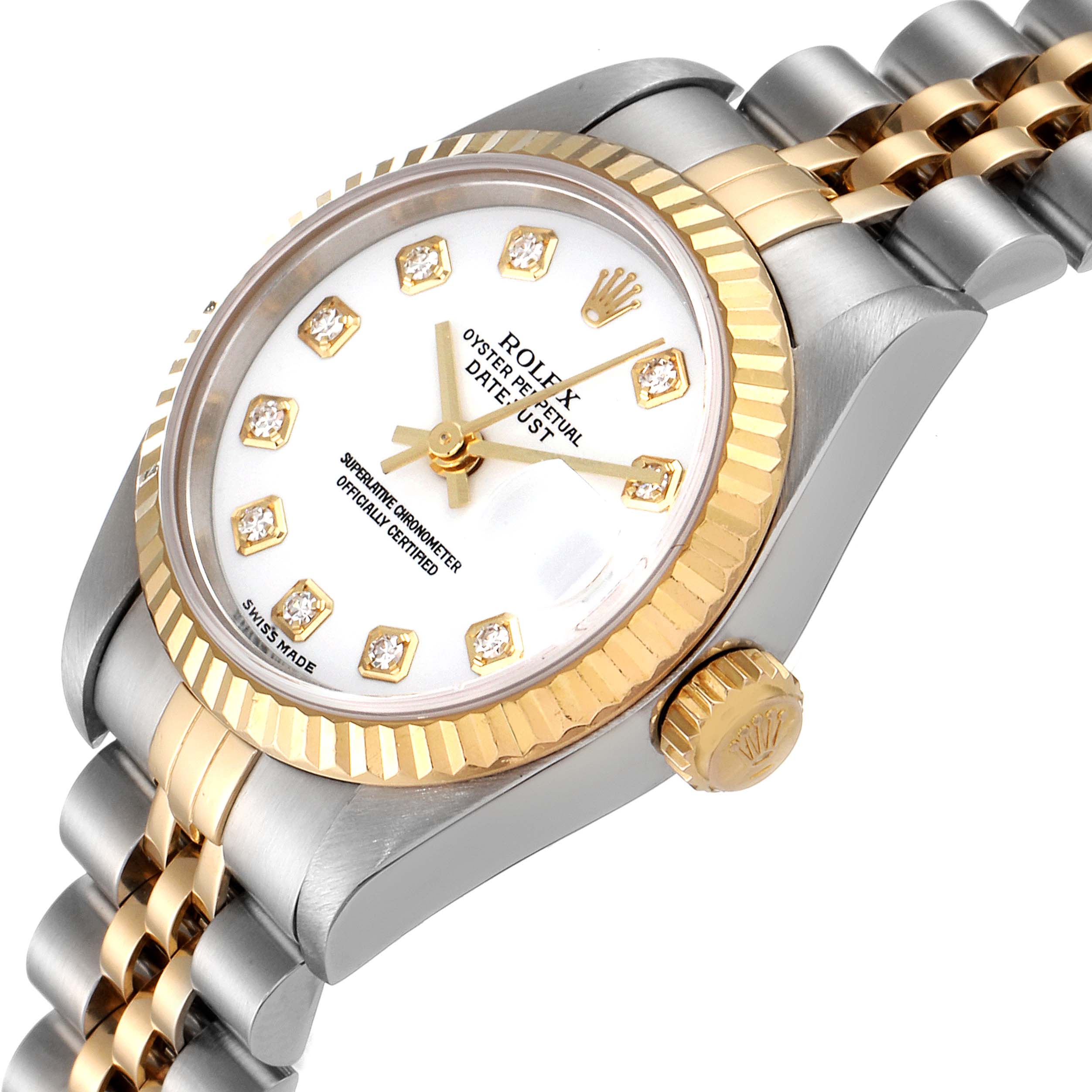 The image shows a Rolex Datejust 79173 Women's Steel and Gold (two tone) White Dial 79173 Women's Steel and Gold (two tone) White Dial watch from an angled side view, highlighting the dial, crown, and bracelet.