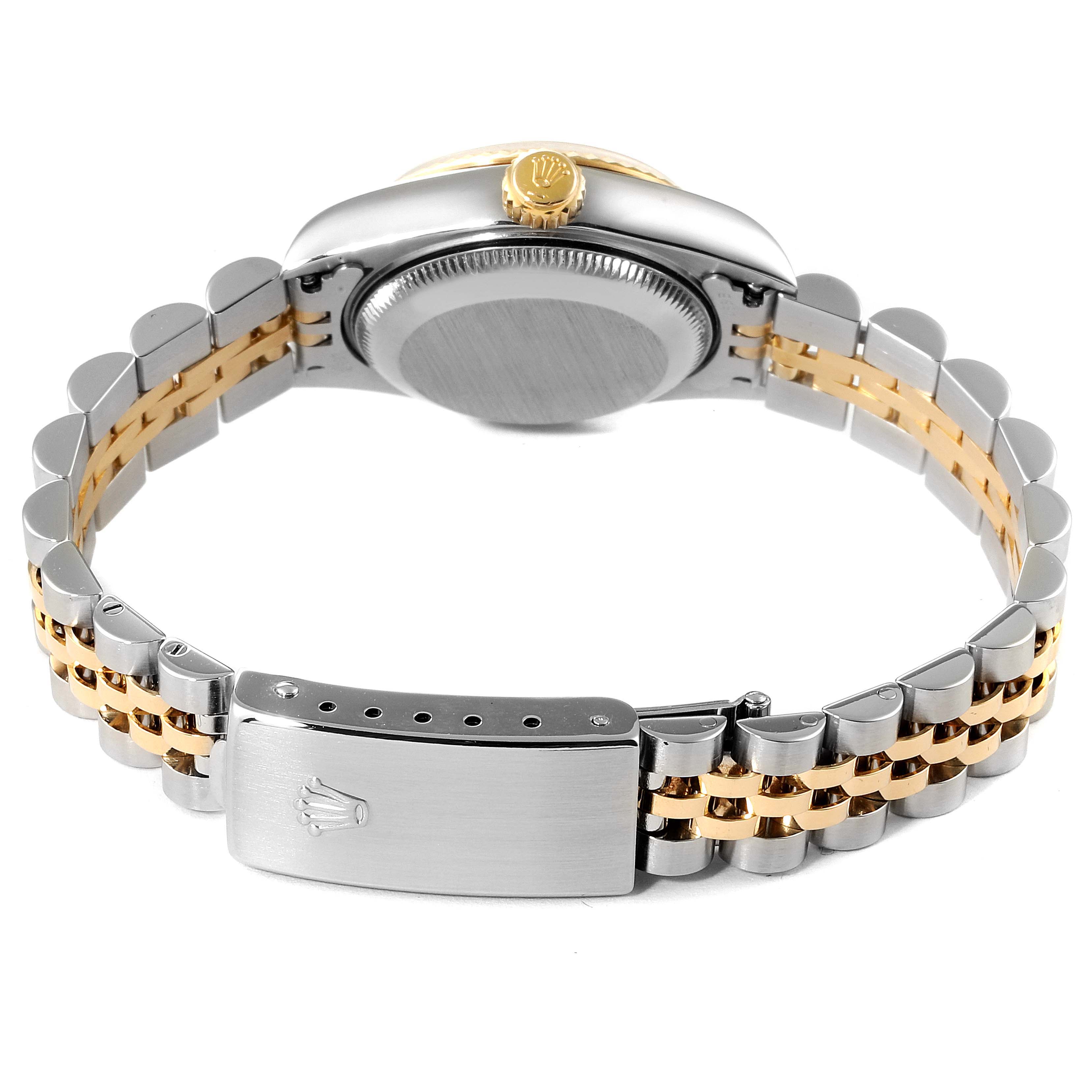 The image shows the back view of a Rolex Datejust 79173 Women's Steel and Gold (two tone) White Dial 79173 Women's Steel and Gold (two tone) White Dial watch, featuring a two-tone bracelet and the clasp with the Rolex crown logo.