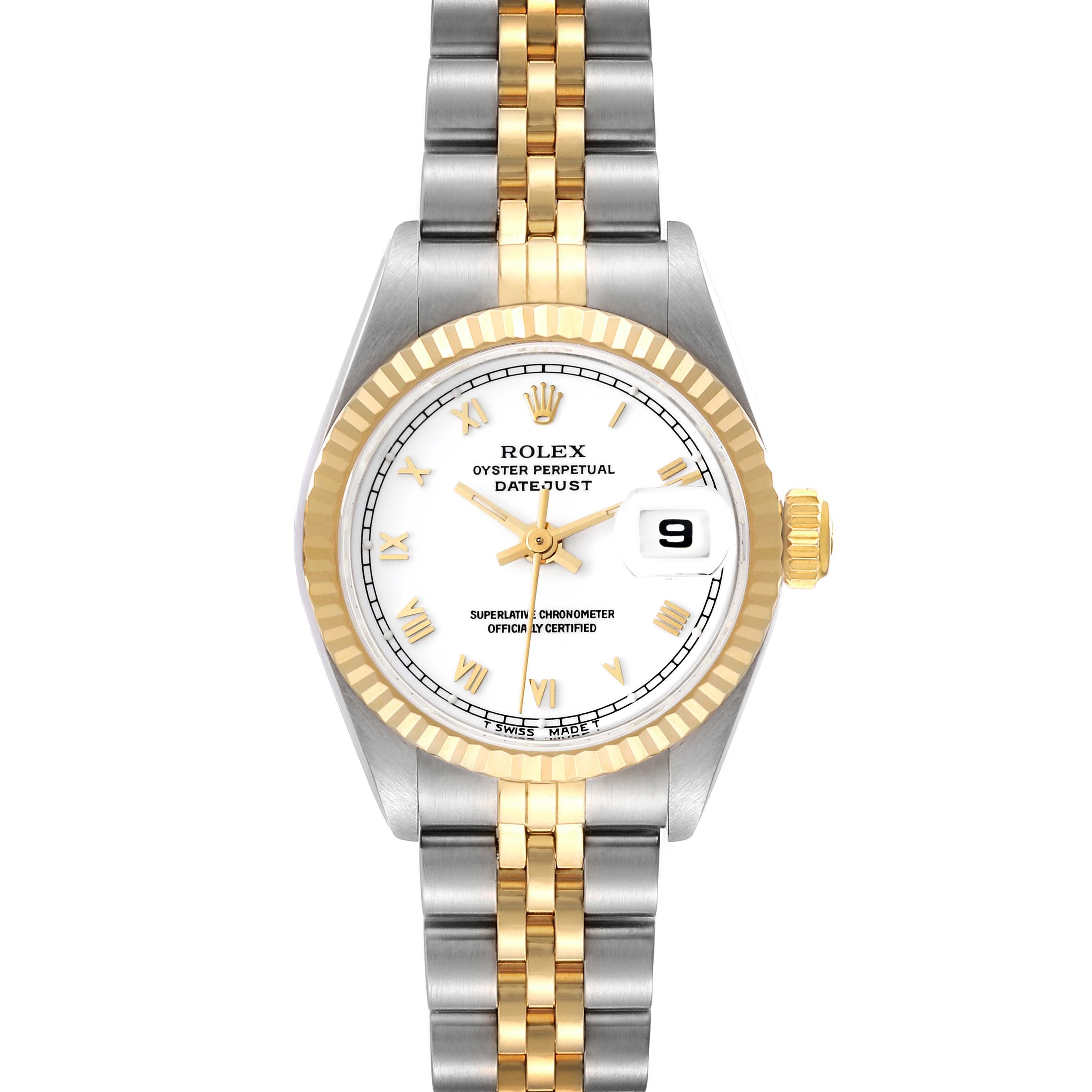 This image shows a front view of a Rolex Datejust 69173 Women's Steel and Gold (two tone) White Dial 69173 Women's Steel and Gold (two tone) White Dial watch, featuring a gold and silver jubilee bracelet, fluted bezel, and white dial.