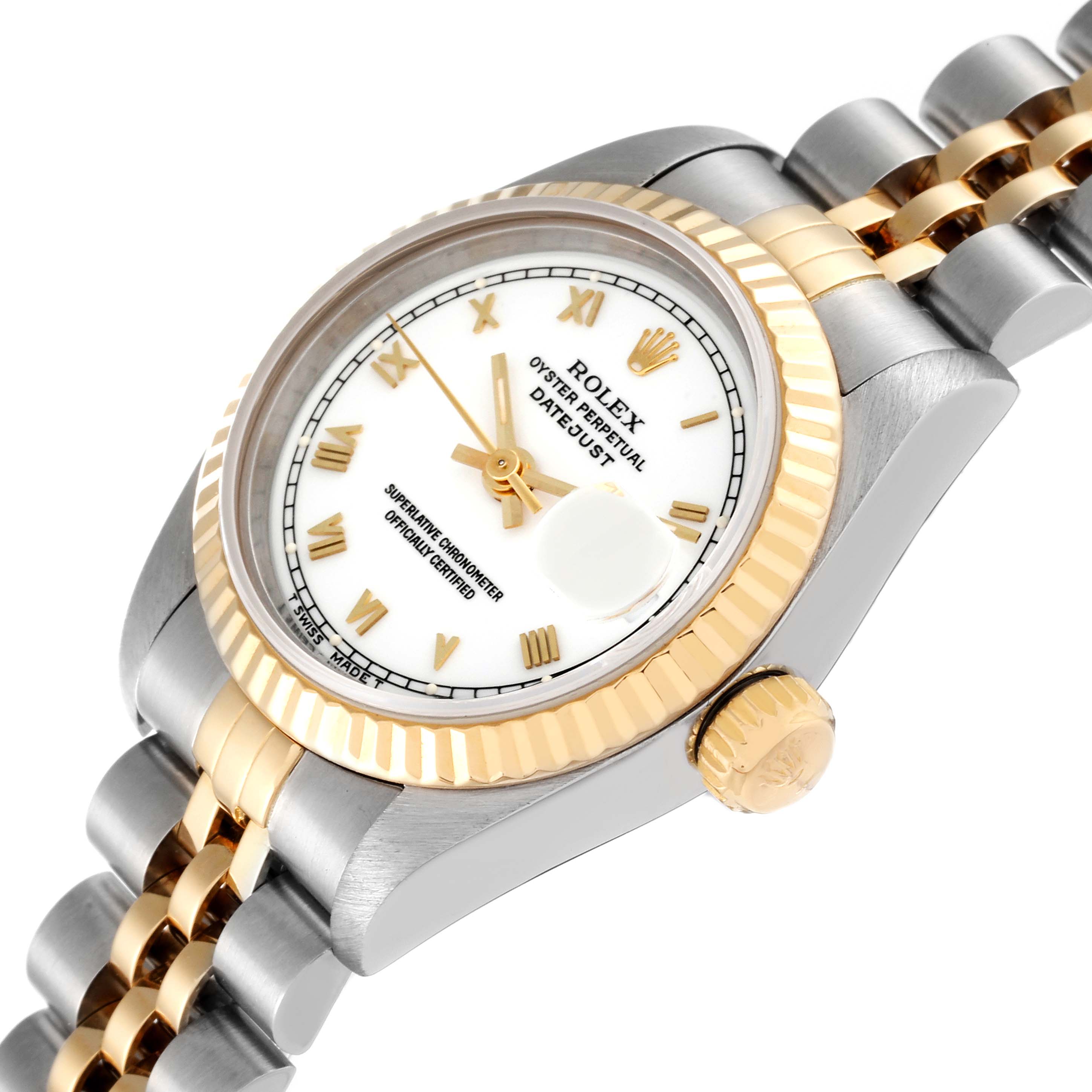 The image shows a close-up angled view of the Rolex Datejust 69173 Women's Steel and Gold (two tone) White Dial 69173 Women's Steel and Gold (two tone) White Dial, highlighting the dial, bezel, crown, and part of the bracelet.