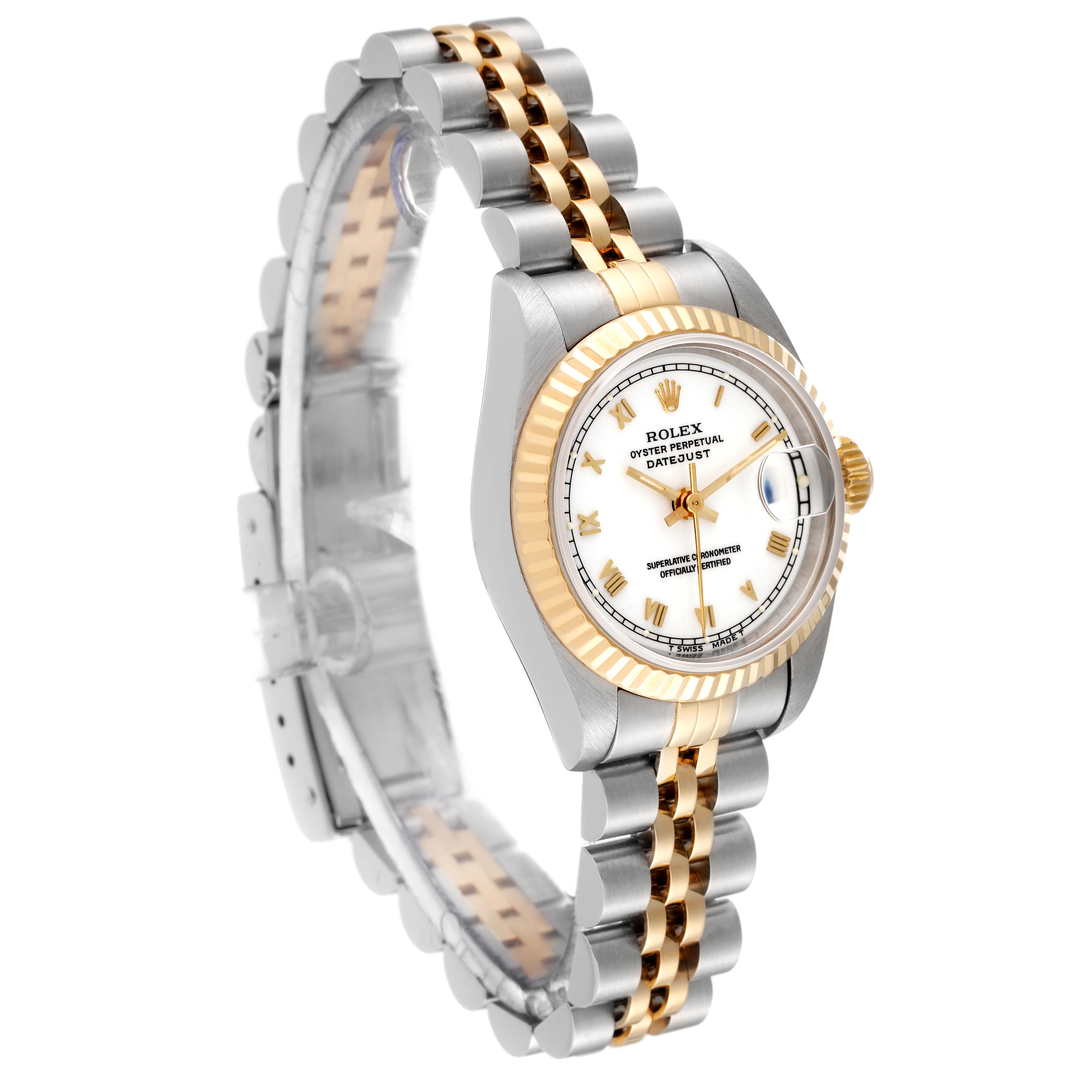 The Rolex Datejust 69173 Women's Steel and Gold (two tone) White Dial 69173 Women's Steel and Gold (two tone) White Dial watch is shown at an angled view, highlighting the two-tone band, fluted bezel, and watch face.