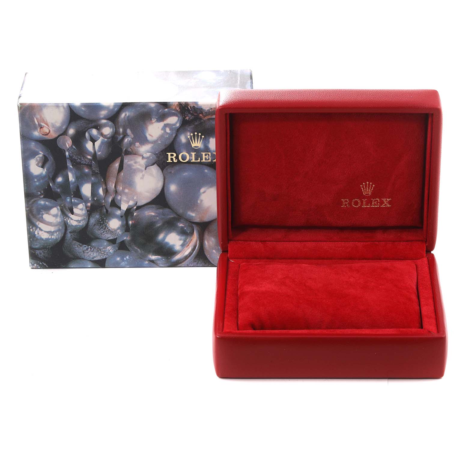 The image shows an open Rolex Datejust 69173 Women's Steel and Gold (two tone) White Dial 69173 Women's Steel and Gold (two tone) White Dial watch box with red interior and the Rolex logo, alongside a themed outer box.