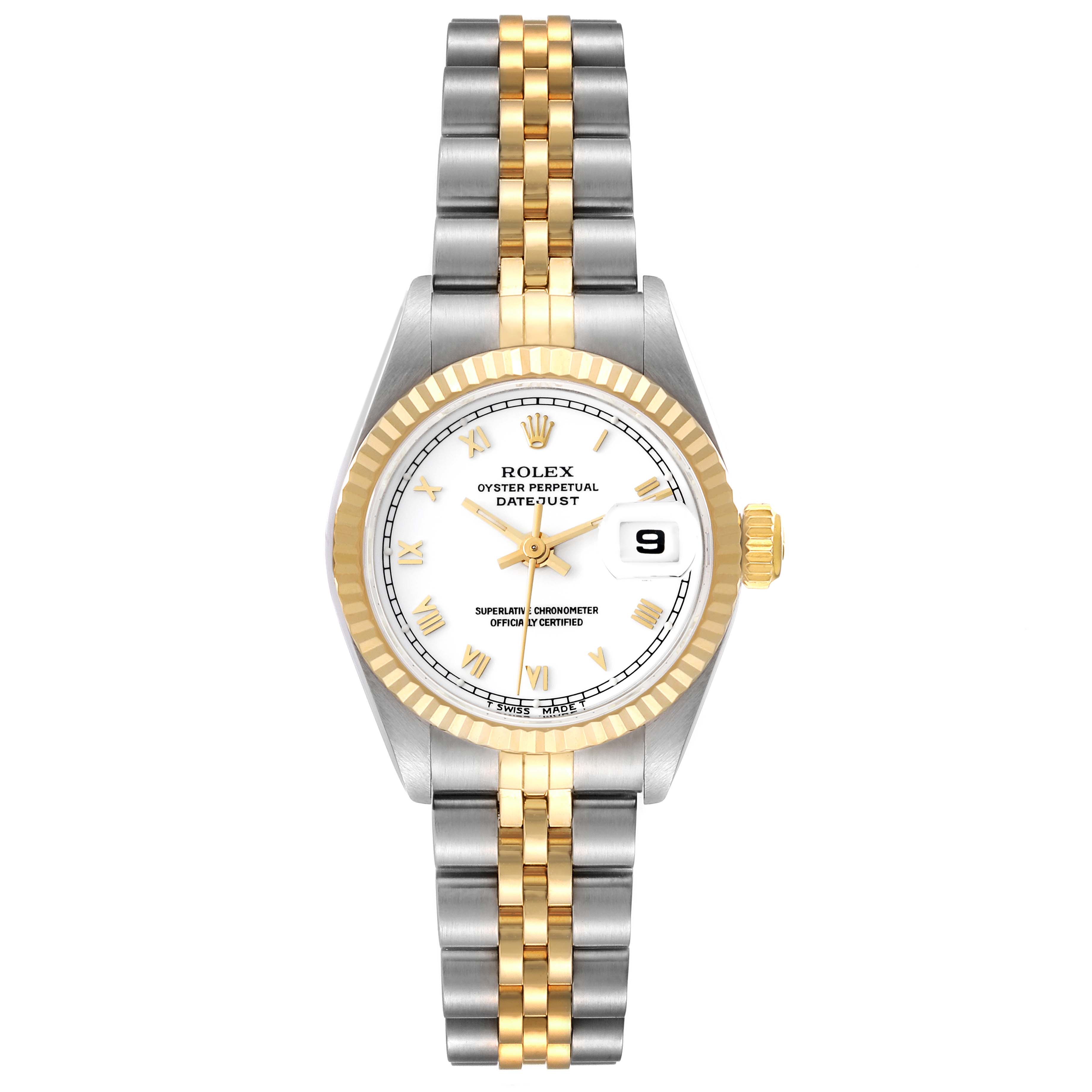 This image shows a Rolex Datejust 69173 Women's Steel and Gold (two tone) White Dial 69173 Women's Steel and Gold (two tone) White Dial watch from a front view, highlighting its dial, two-tone bezel, and jubilee bracelet.