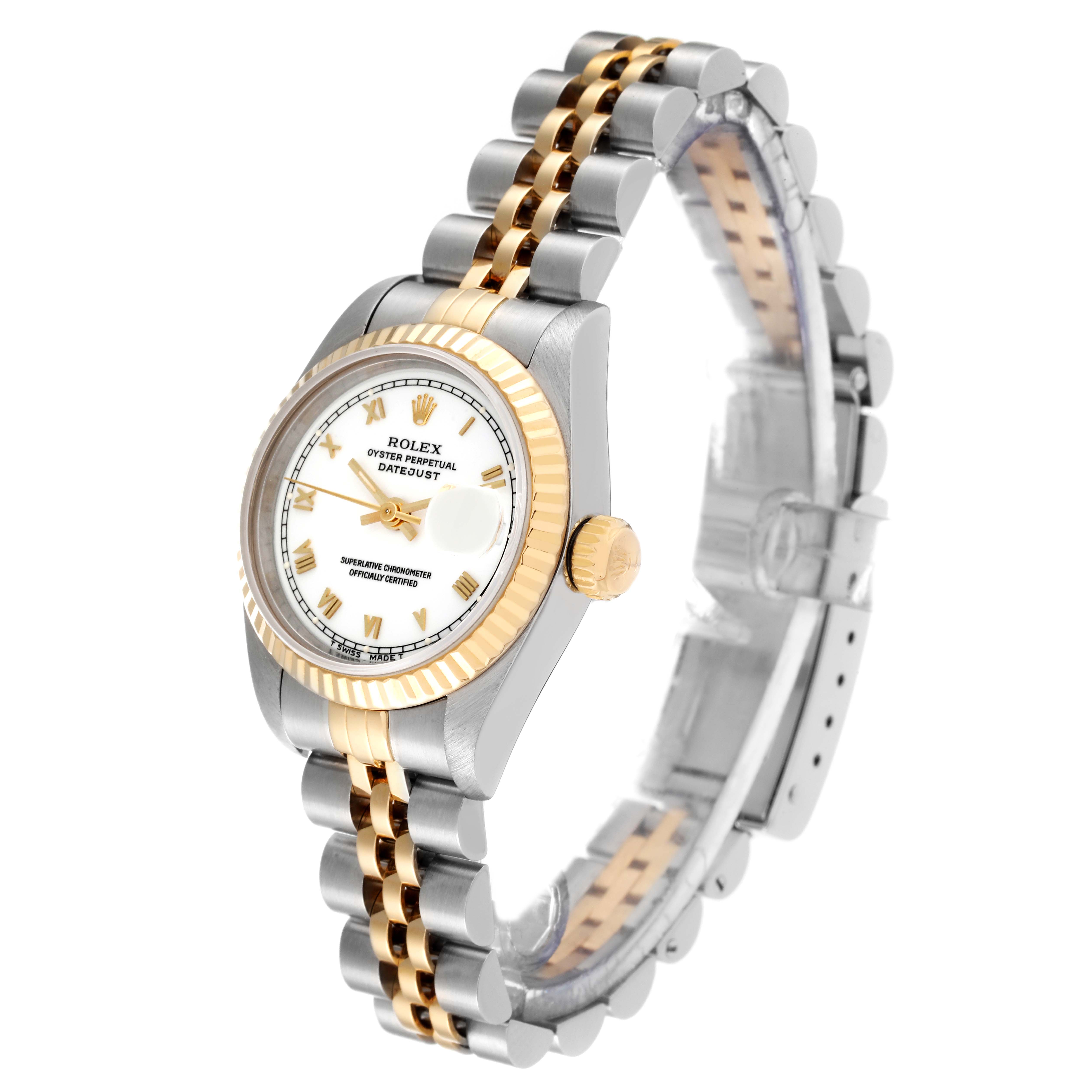 The watch is a Rolex Datejust 69173 Women's Steel and Gold (two tone) White Dial 69173 Women's Steel and Gold (two tone) White Dial, shown at an angle highlighting its face, bezel, and two-tone bracelet.