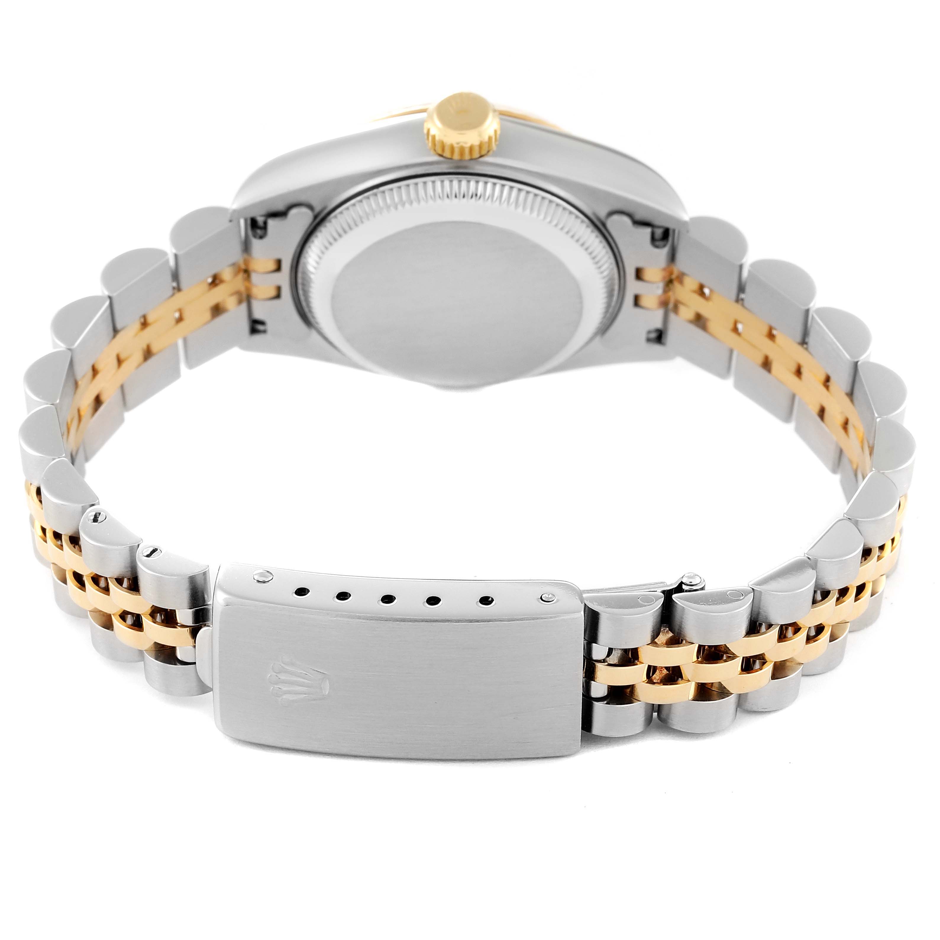 The image shows the back view of a Rolex Datejust 69173 Women's Steel and Gold (two tone) White Dial 69173 Women's Steel and Gold (two tone) White Dial watch, highlighting its case and two-tone metal bracelet with a clasp.