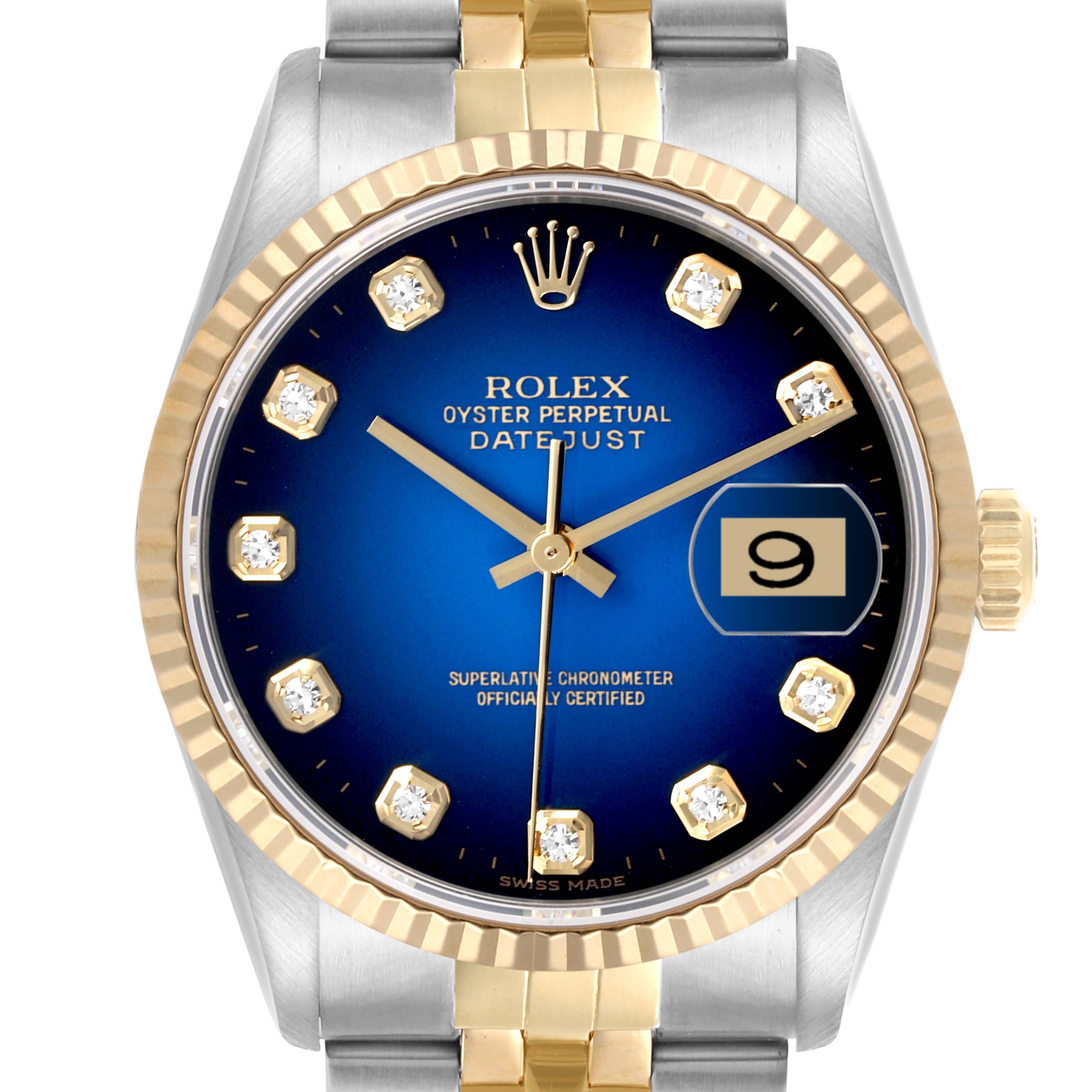The Rolex Datejust 16233 Men's Steel and Gold (two tone) Blue Dial 16233 Men's Steel and Gold (two tone) Blue Dial watch is shown from the front, highlighting its face, bezel, and crown.