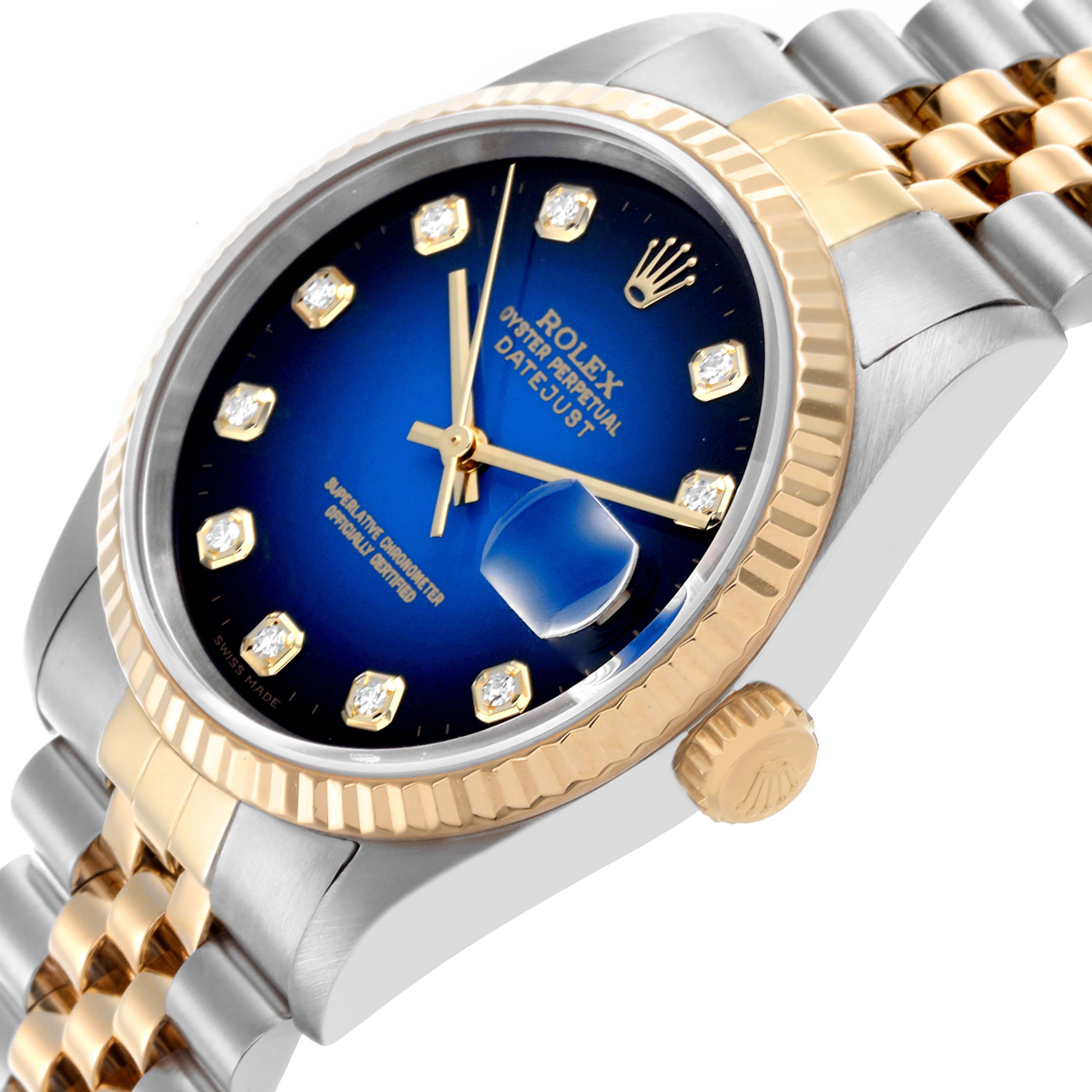 The Rolex Datejust 16233 Men's Steel and Gold (two tone) Blue Dial 16233 Men's Steel and Gold (two tone) Blue Dial watch is shown at an angle highlighting the face, bezel, crown, and part of the bracelet.