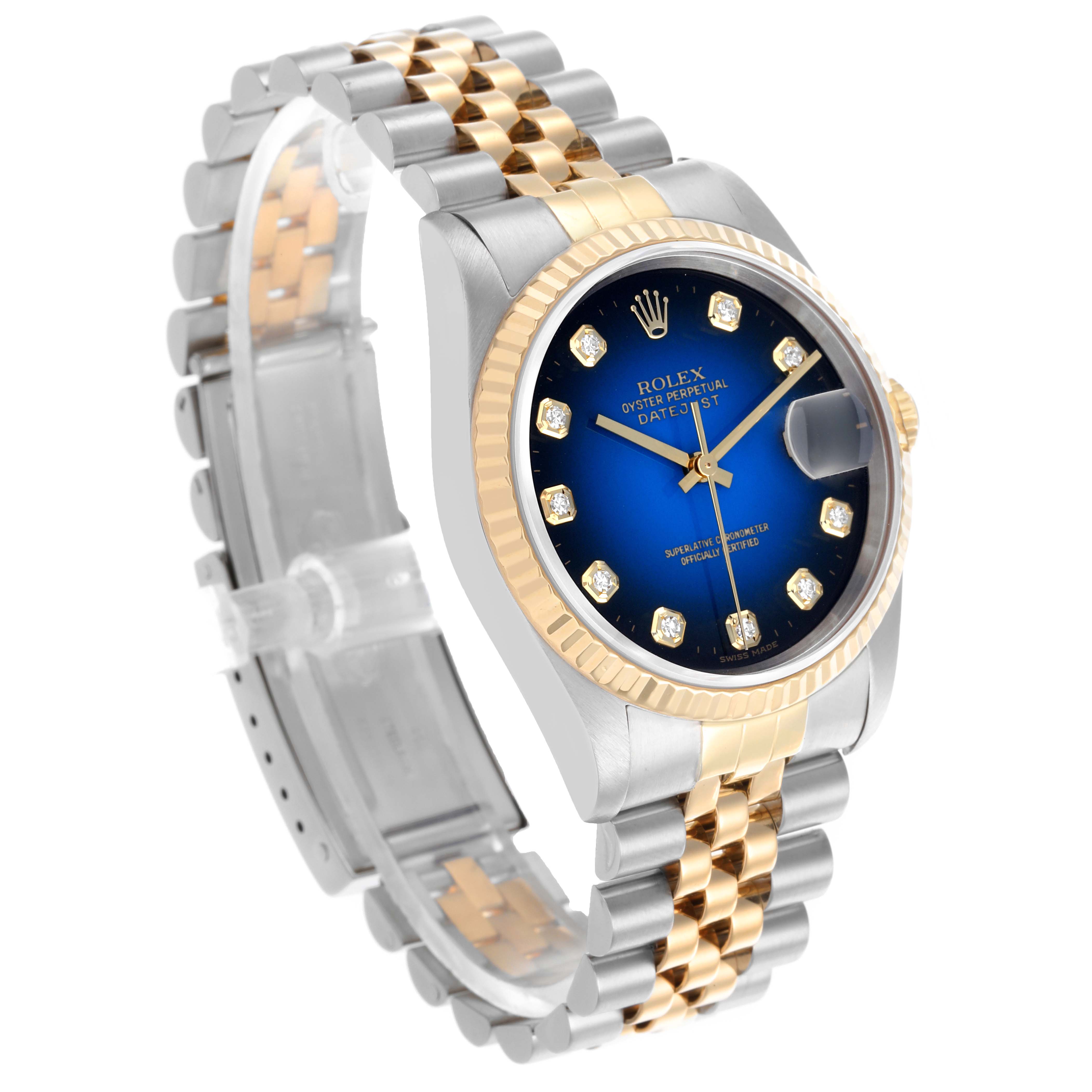 The Rolex Datejust 16233 Men's Steel and Gold (two tone) Blue Dial 16233 Men's Steel and Gold (two tone) Blue Dial watch is shown from a three-quarter angle, highlighting the face, bezel, and bracelet.