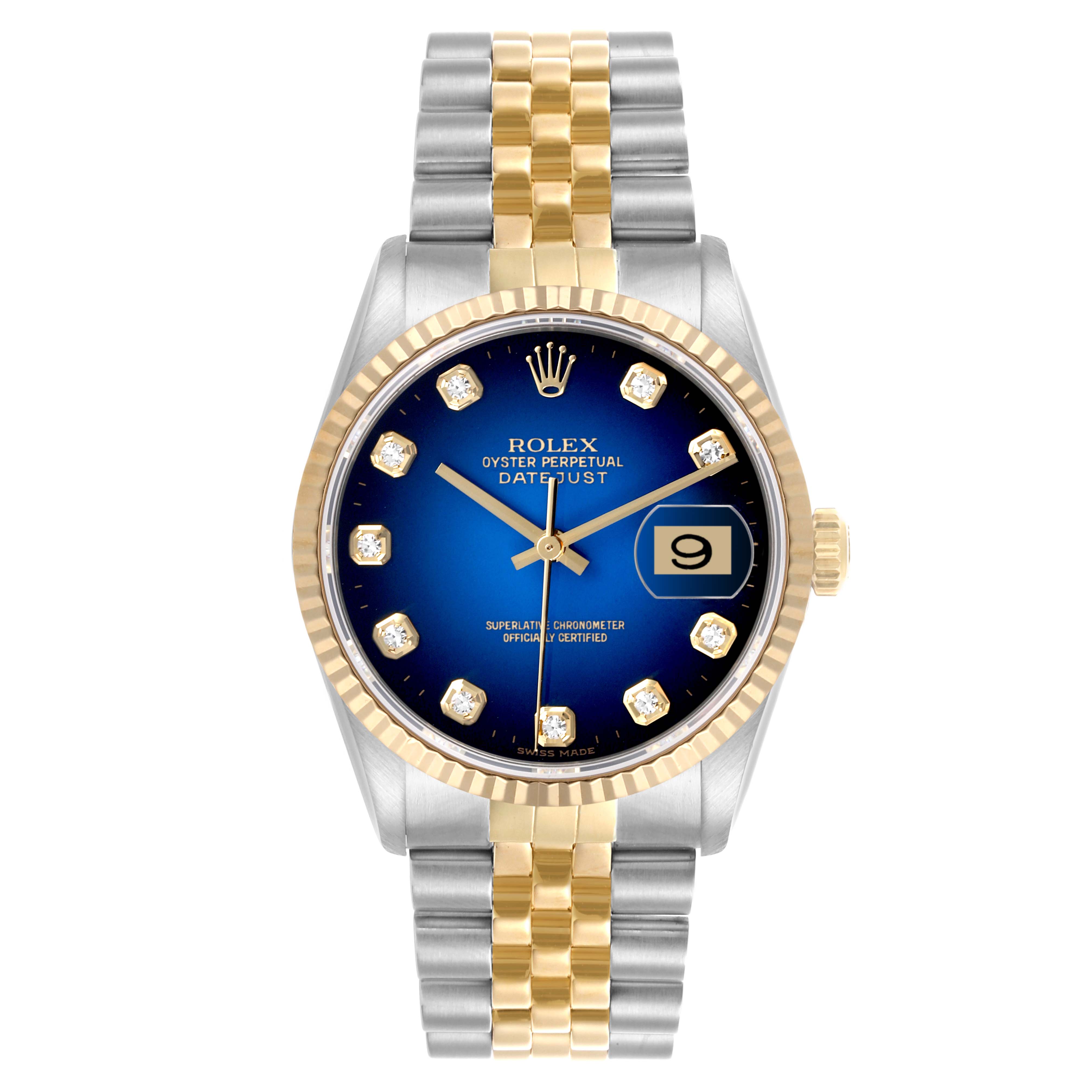 The Rolex Datejust 16233 Men's Steel and Gold (two tone) Blue Dial 16233 Men's Steel and Gold (two tone) Blue Dial watch is shown from the front, displaying its face, bezel, and two-tone bracelet.