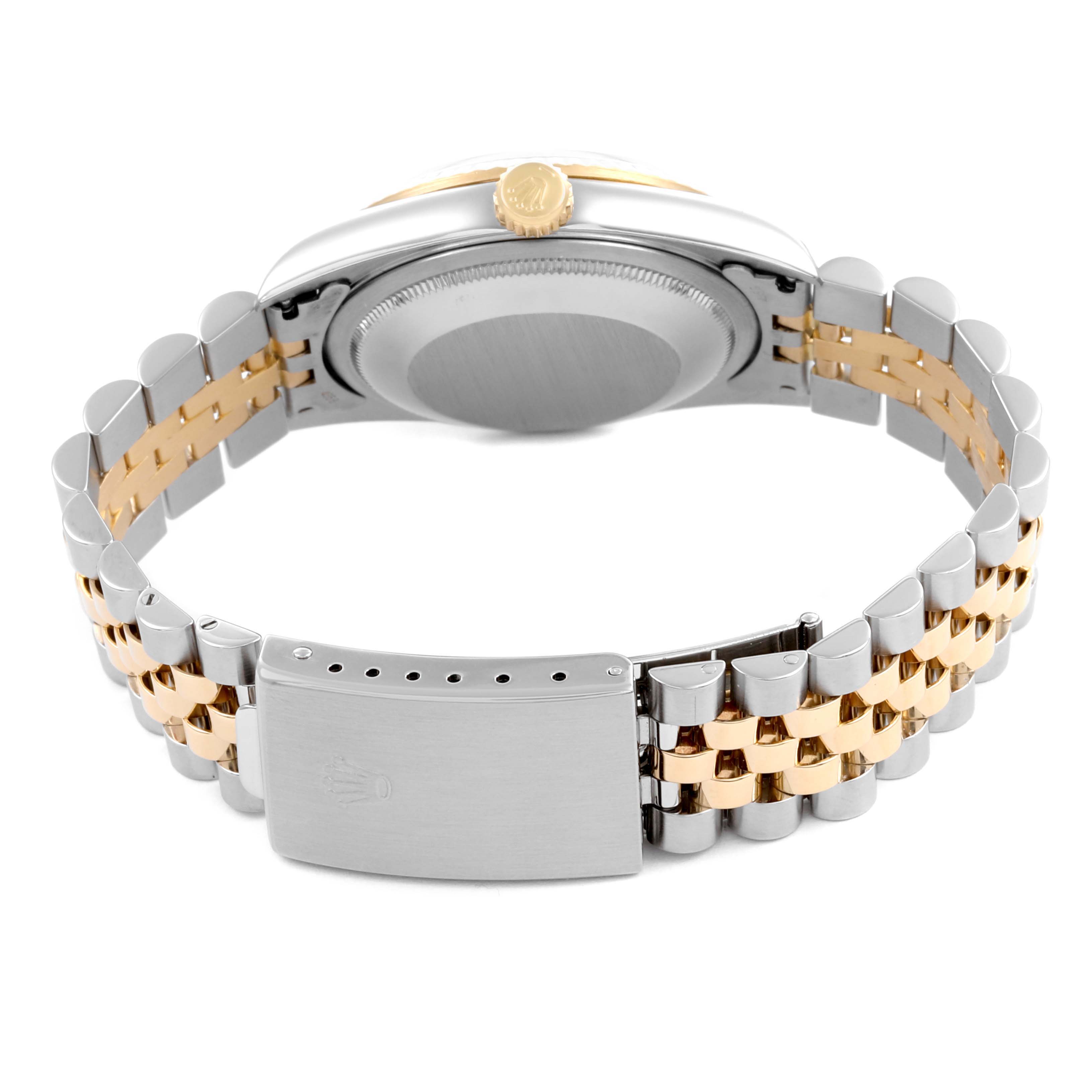 The Rolex Datejust 16233 Men's Steel and Gold (two tone) Blue Dial 16233 Men's Steel and Gold (two tone) Blue Dial watch is shown from the back, displaying the clasp, bracelet links, and case back.