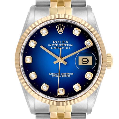 The Rolex Datejust watch is shown from the front, highlighting the blue dial, date window, and gold bezel.