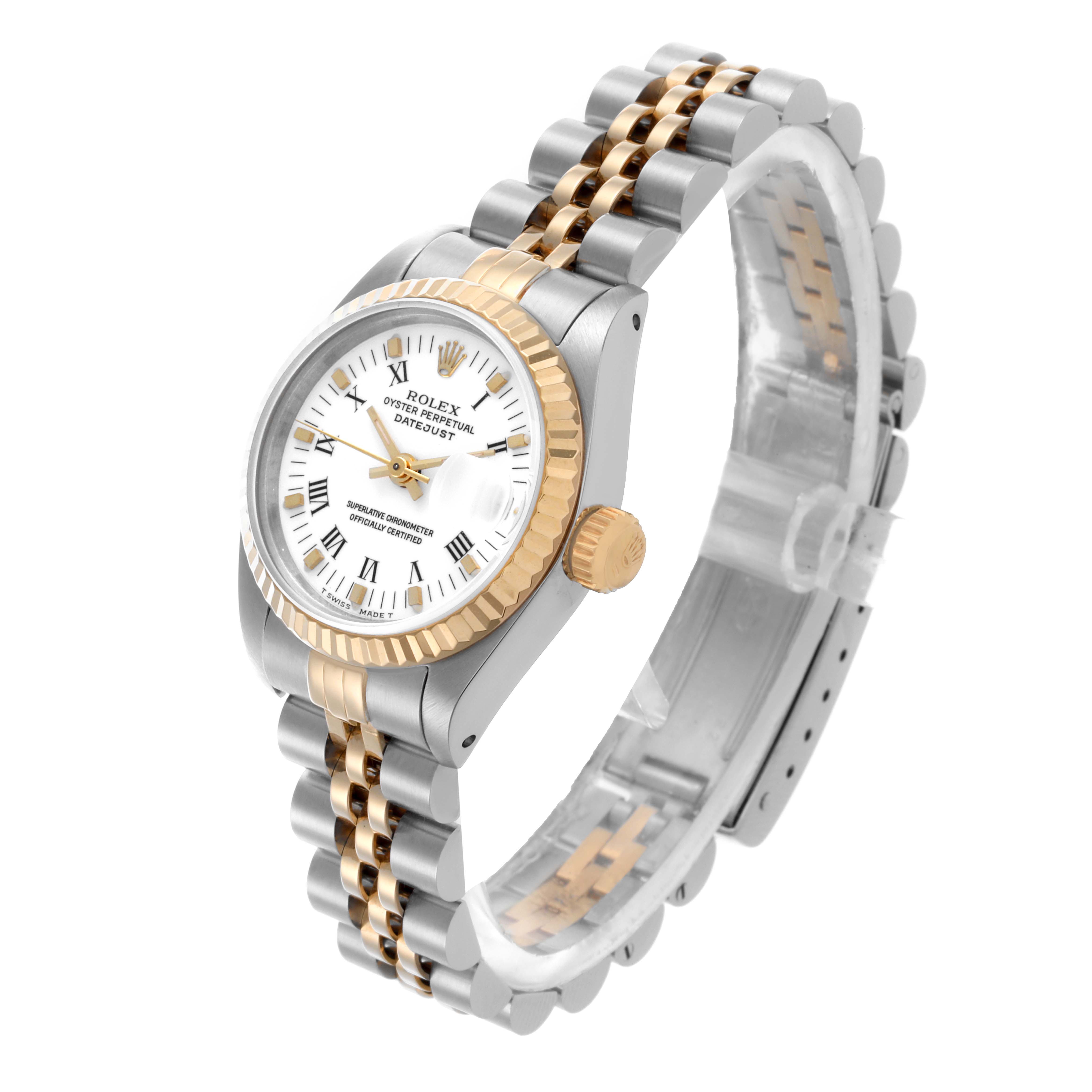 The Rolex Datejust 69173 Women's Steel and Gold (two tone) White Dial 69173 Women's Steel and Gold (two tone) White Dial watch is shown at a slight angle, highlighting the face, bezel, and two-tone bracelet.
