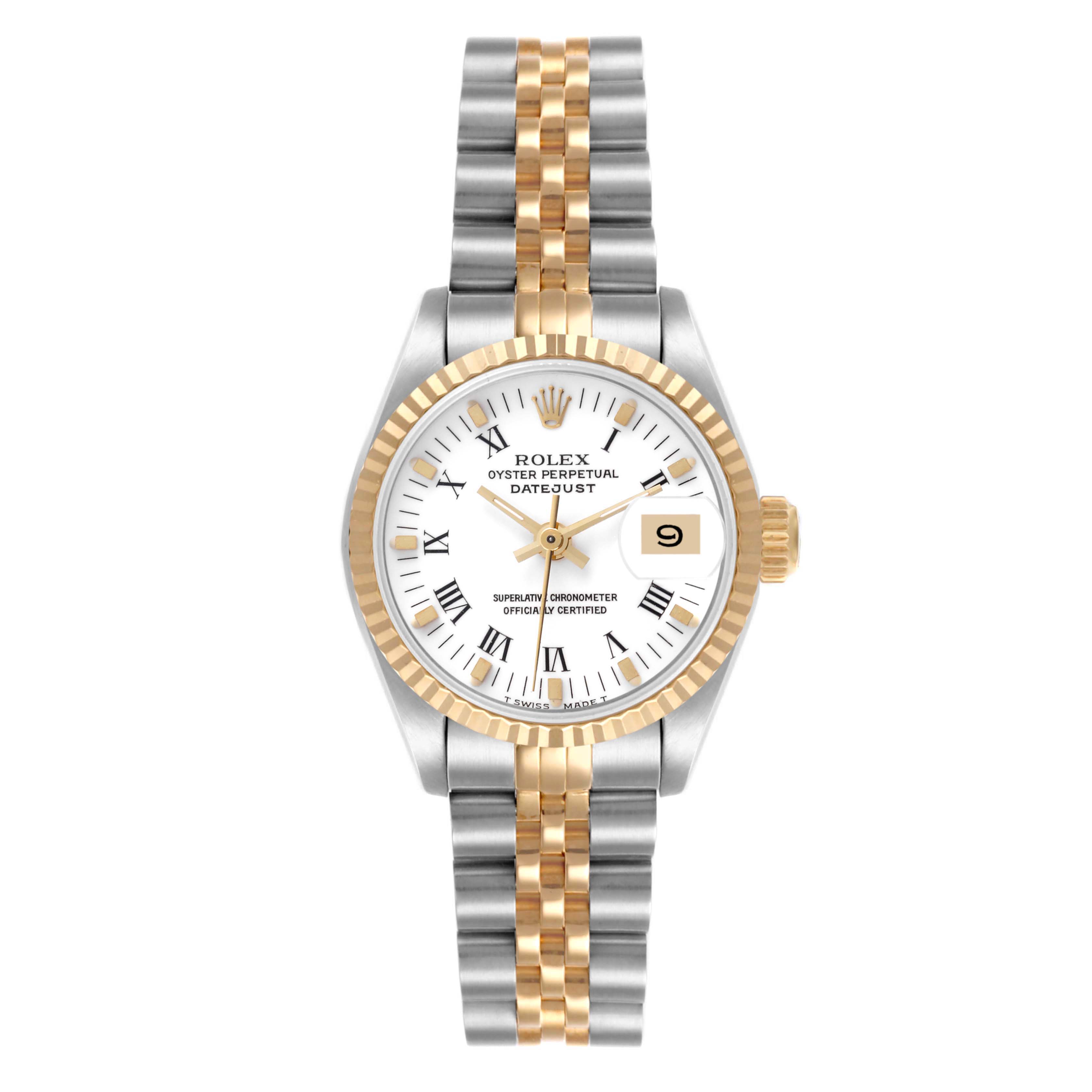 The Rolex Datejust 69173 Women's Steel and Gold (two tone) White Dial 69173 Women's Steel and Gold (two tone) White Dial watch is shown from the front, displaying its dial, bezel, and bracelet.