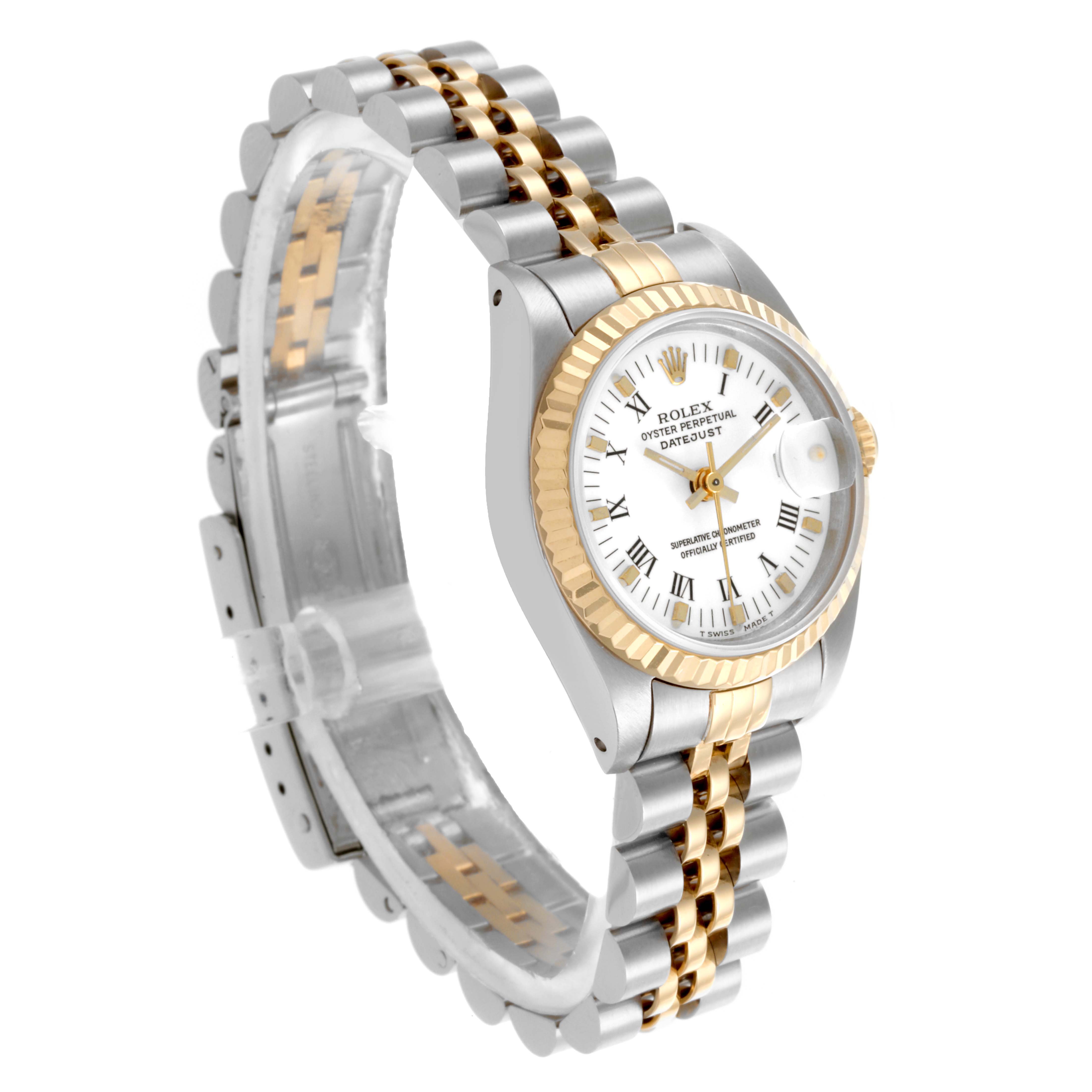 The Rolex Datejust 69173 Women's Steel and Gold (two tone) White Dial 69173 Women's Steel and Gold (two tone) White Dial watch is shown at an angled view, displaying the face, fluted bezel, and jubilee bracelet.