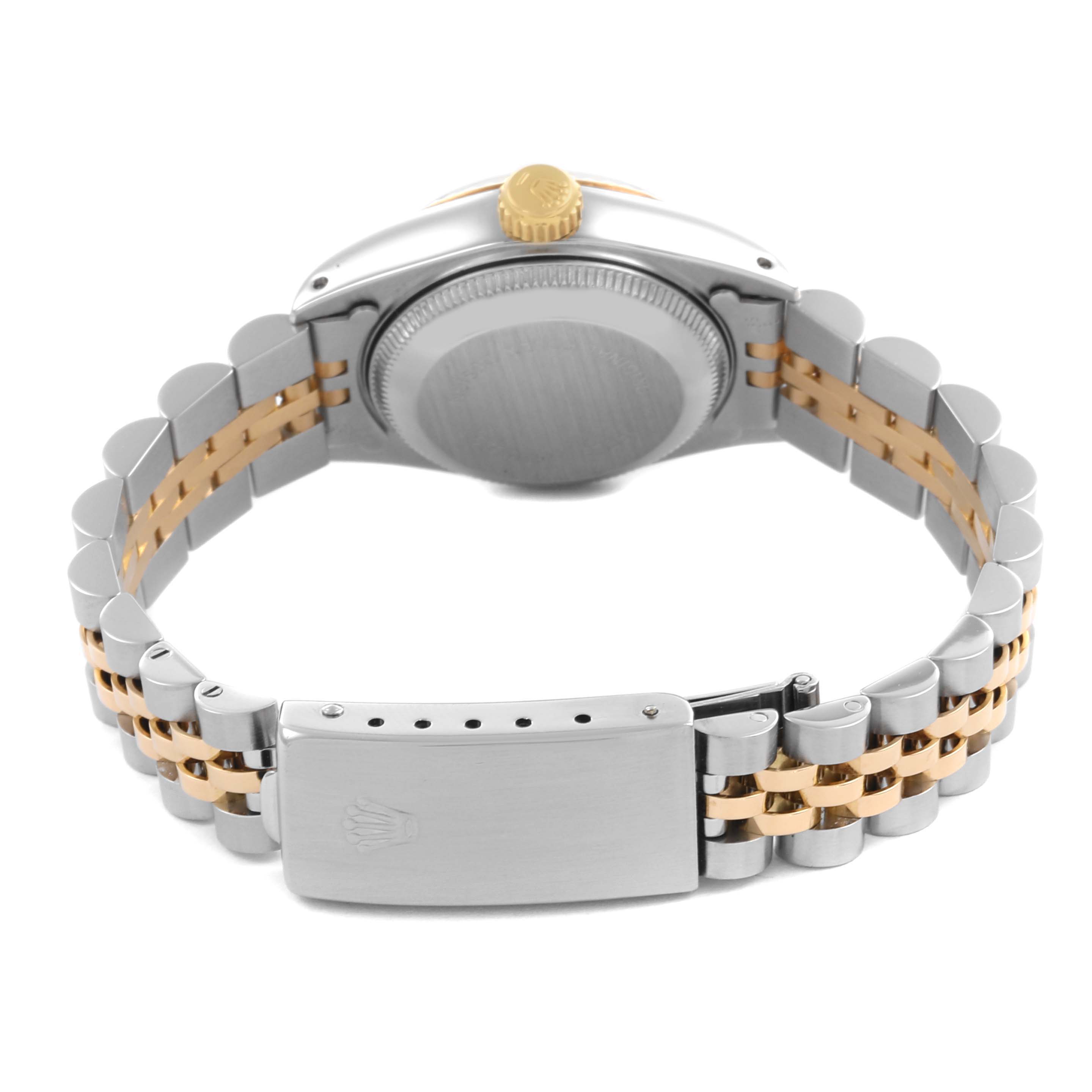 The image shows the Rolex Datejust 69173 Women's Steel and Gold (two tone) White Dial 69173 Women's Steel and Gold (two tone) White Dial watch from the back, highlighting the clasp, bracelet, and case back.
