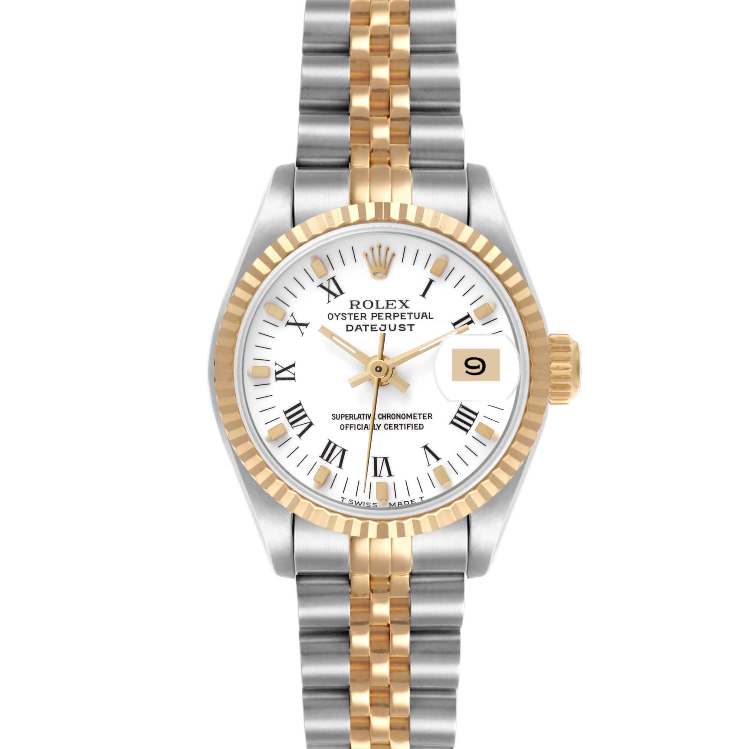 The Rolex Datejust 69173 Women's Steel and Gold (two tone) White Dial 69173 Women's Steel and Gold (two tone) White Dial watch is shown from the front, displaying the dial, bezel, and bracelet.