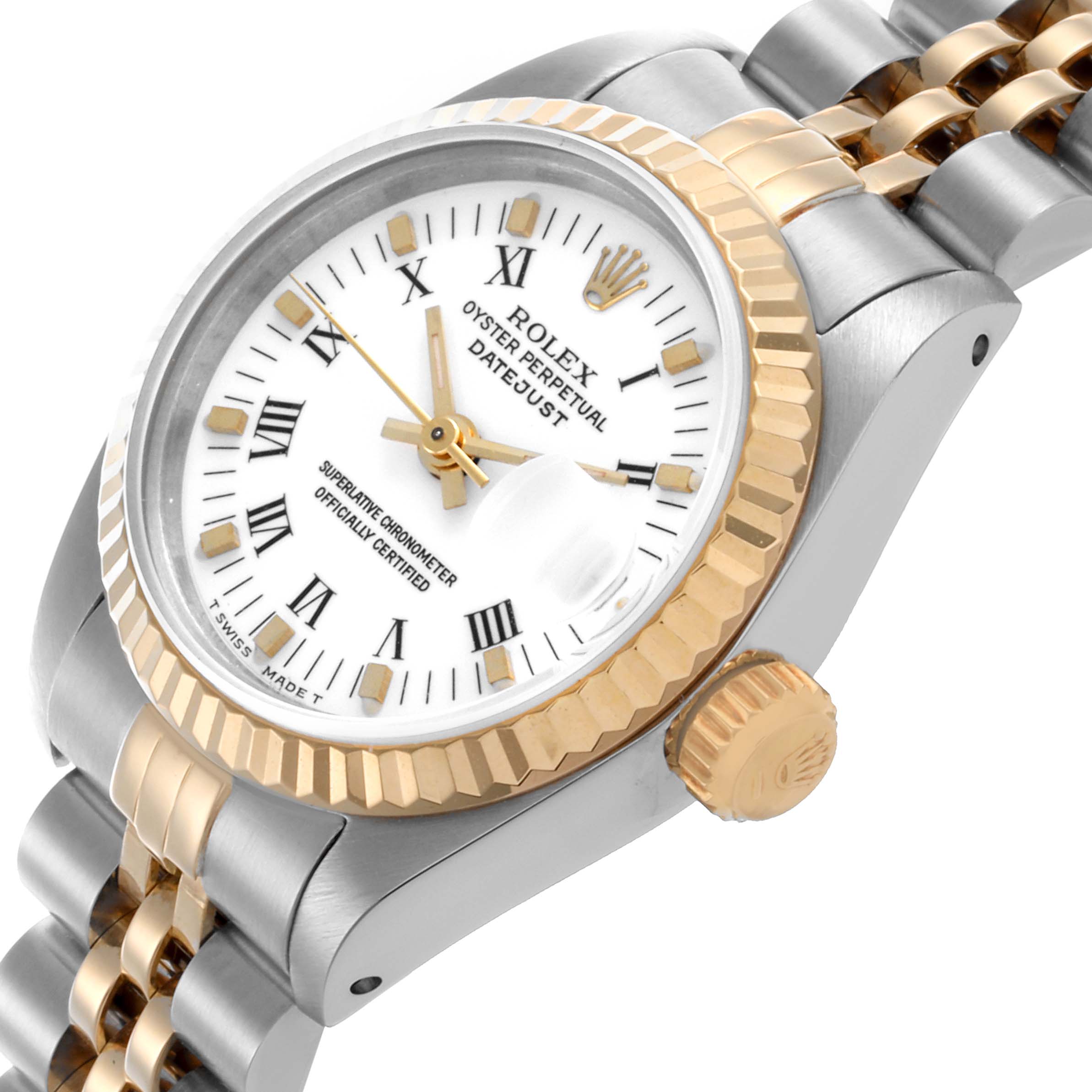 The Rolex Datejust 69173 Women's Steel and Gold (two tone) White Dial 69173 Women's Steel and Gold (two tone) White Dial watch is shown from a side angle, displaying the bezel, crown, dial, and part of the bracelet.