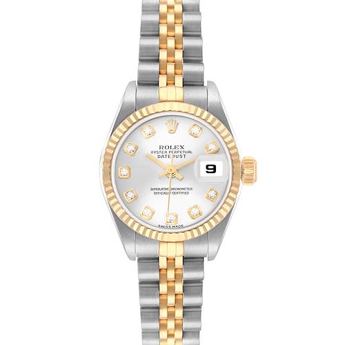 The Rolex Datejust 79173 Women's Steel and Gold (two tone) Silver Dial is shown from a direct front view, highlighting the dial, bezel, and bracelet.