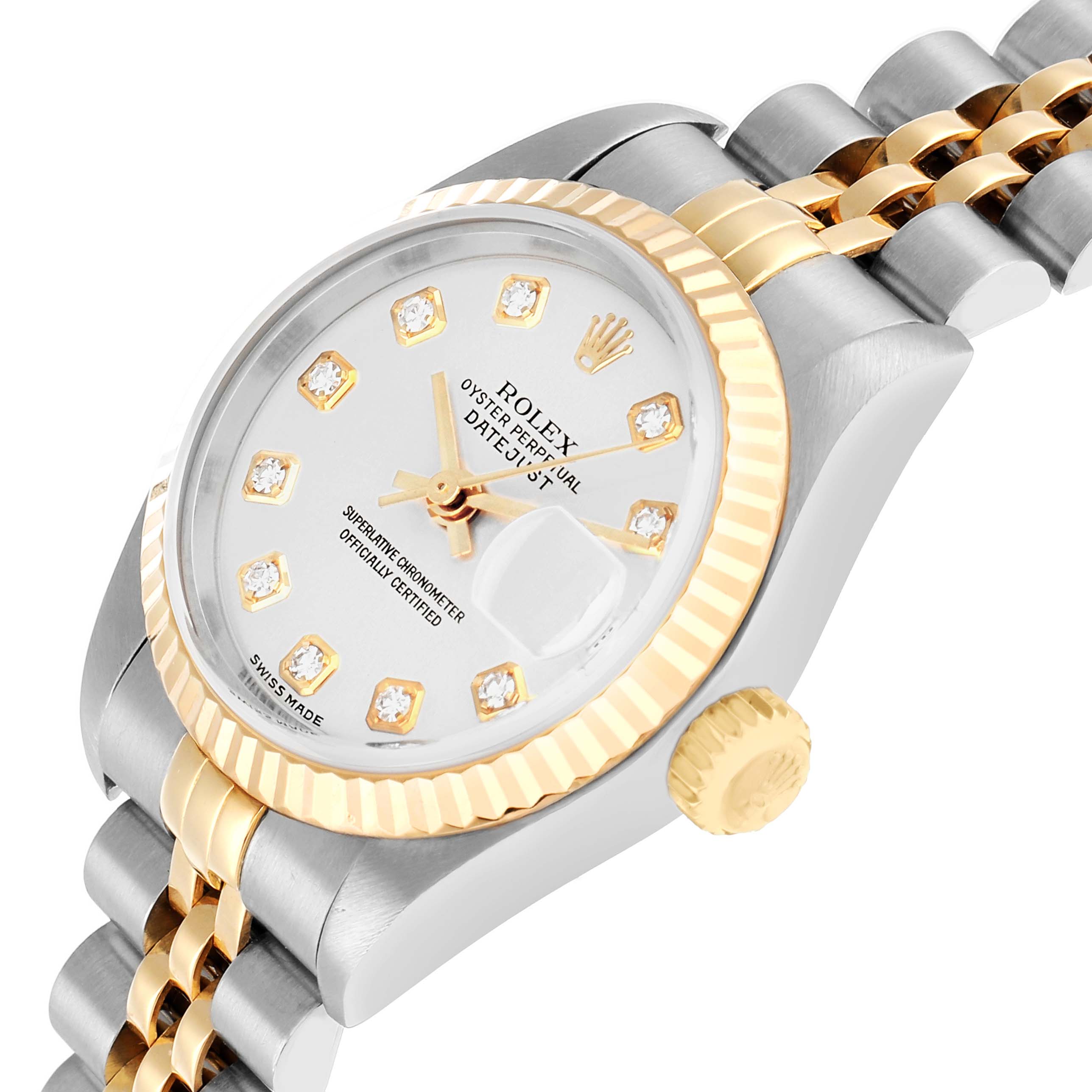 The Rolex Datejust 79173 Women
s Steel and Gold (two tone) Silver Dial watch is shown at a slight angle, featuring its face, bezel, crown, and part of the bracelet.