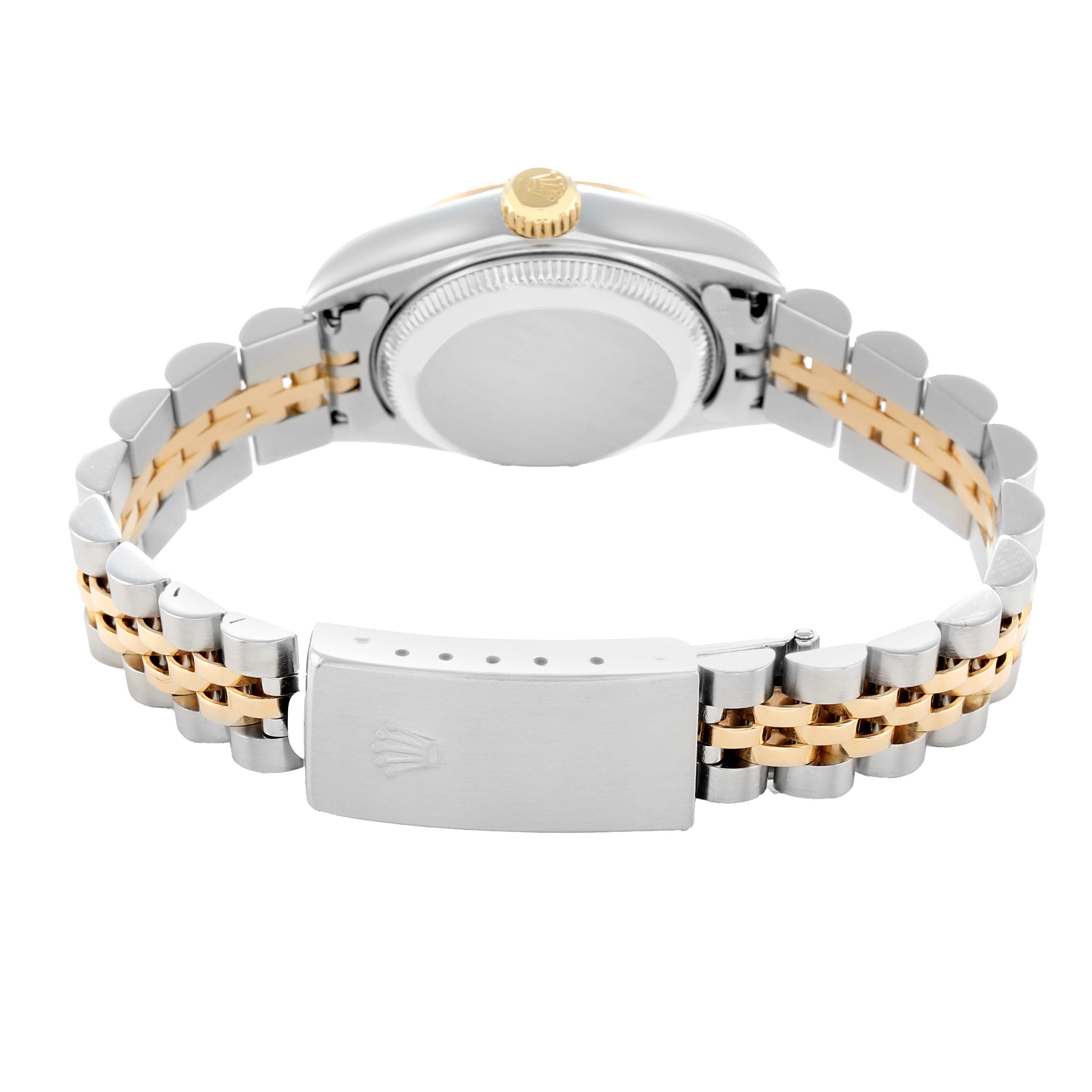The image shows the back view of a Rolex Datejust 79173 Women
s Steel and Gold (two tone) Silver Dial model focusing on the clasp, bracelet, and case.