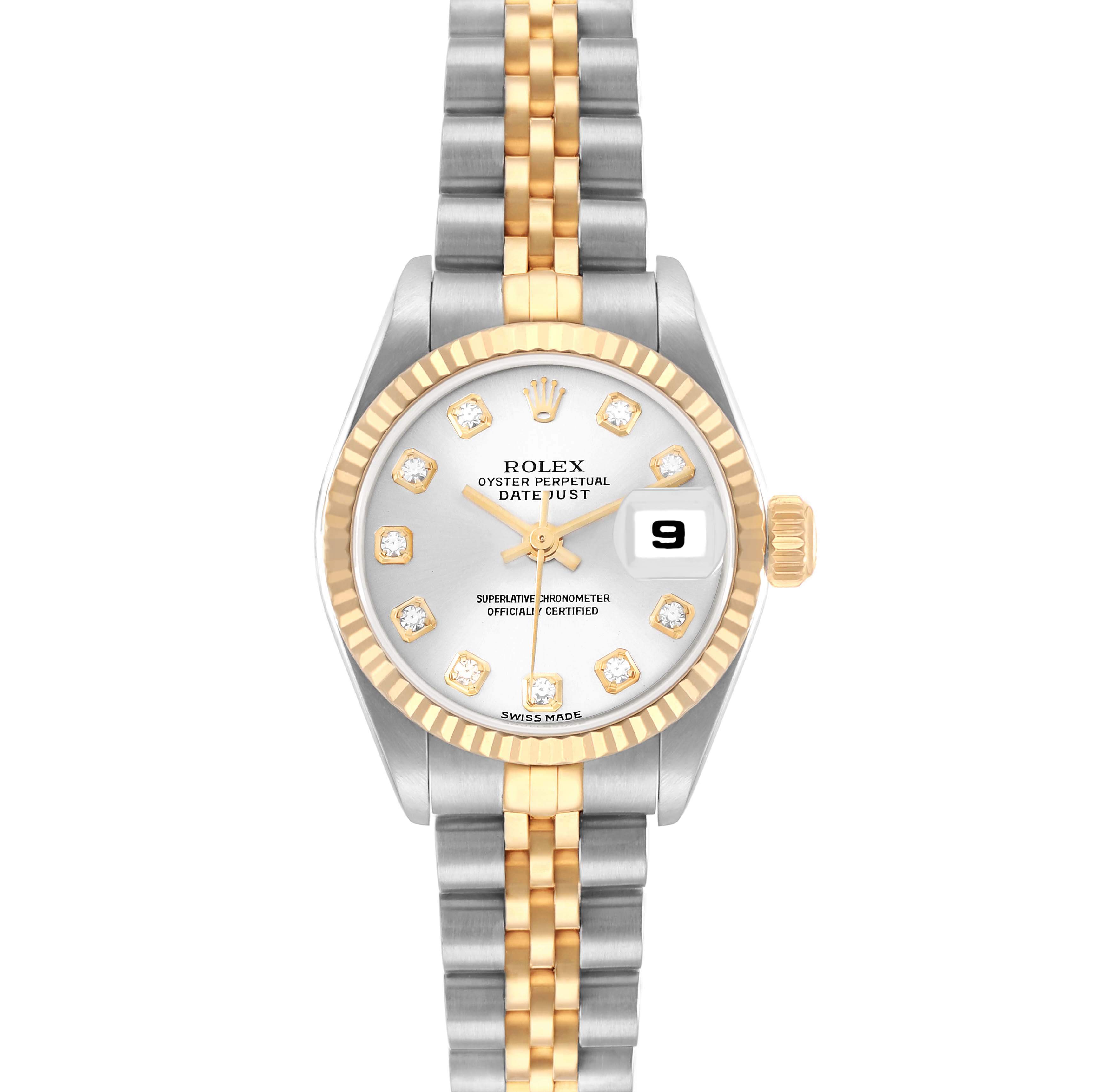 The Rolex Datejust 79173 Women
s Steel and Gold (two tone) Silver Dial watch is shown from a top-down angle, displaying the face, bezel, bracelet, and date window.