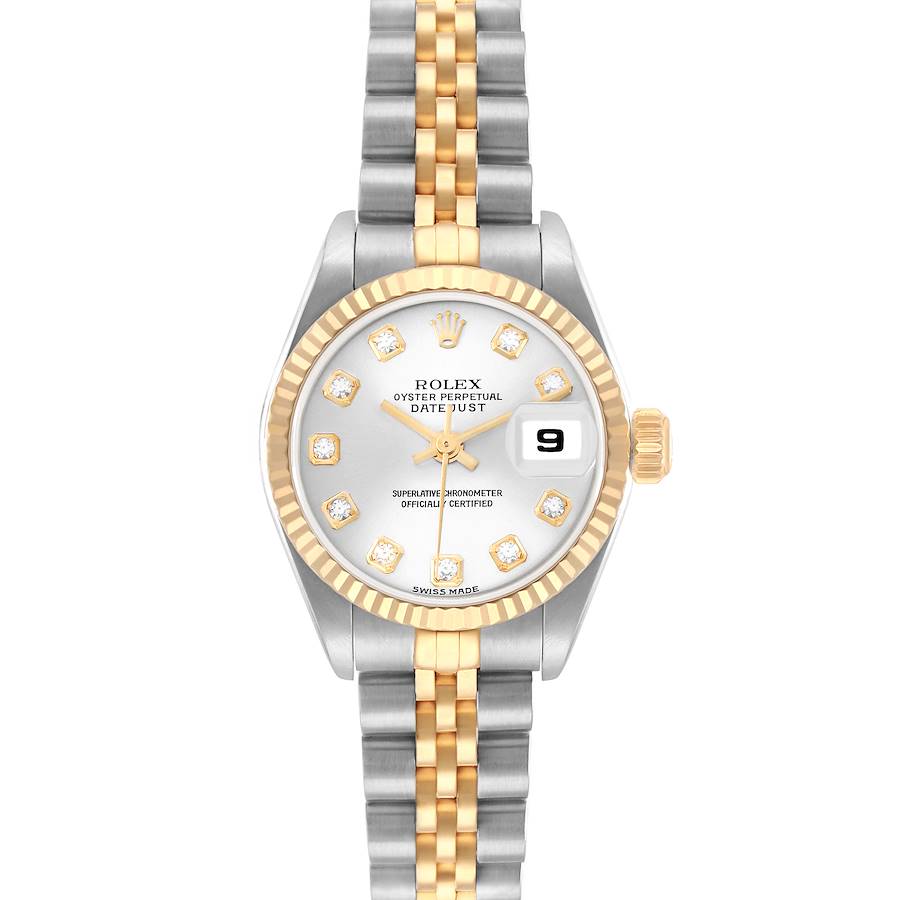 The Rolex Datejust 79173 Women's Steel and Gold (two tone) Silver Dial watch is shown from a top-down angle, displaying the face, bezel, bracelet, and date window.