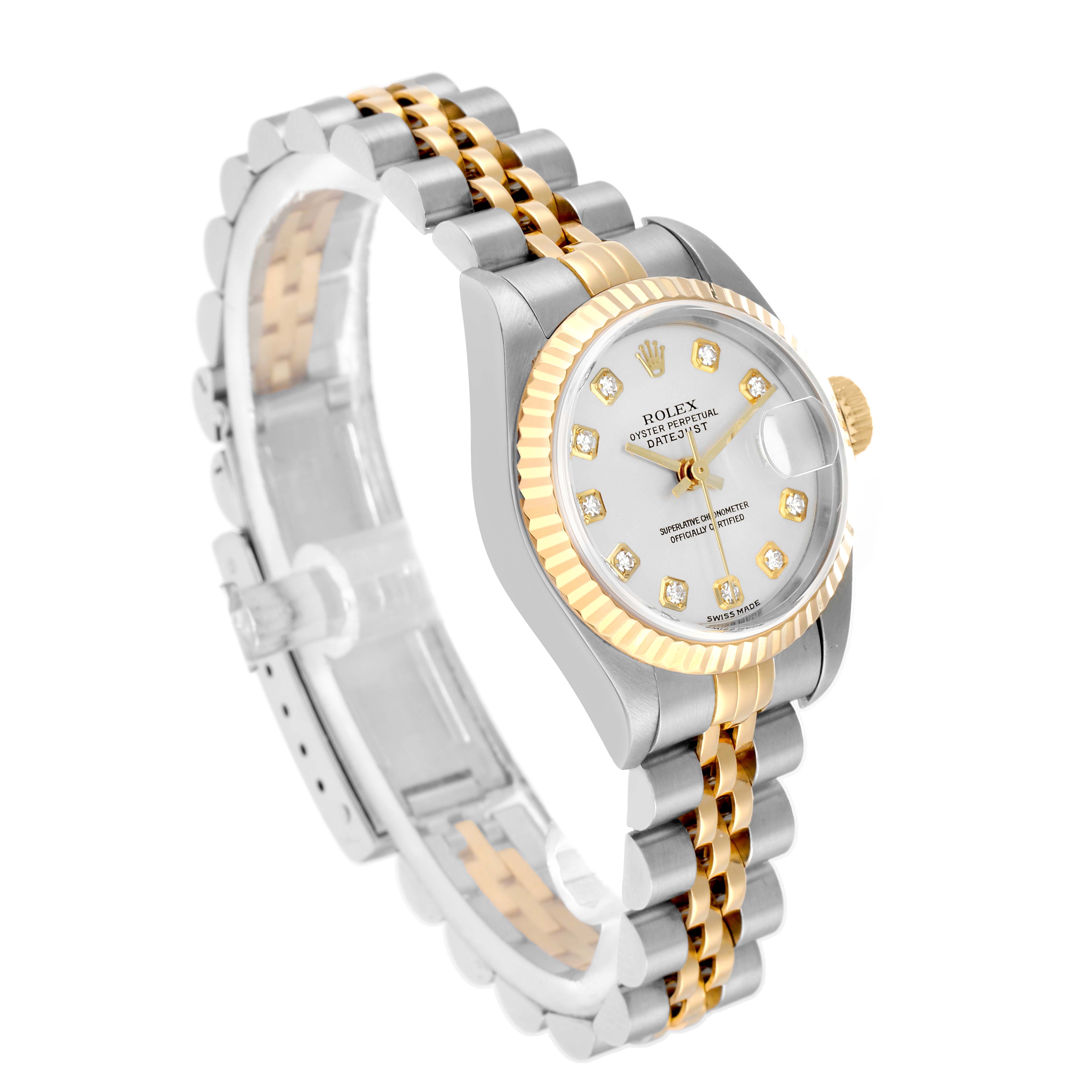 The Rolex Datejust 79173 Women
s Steel and Gold (two tone) Silver Dial watch is shown at a three-quarter angle, highlighting the bezel, dial, bracelet, and crown.