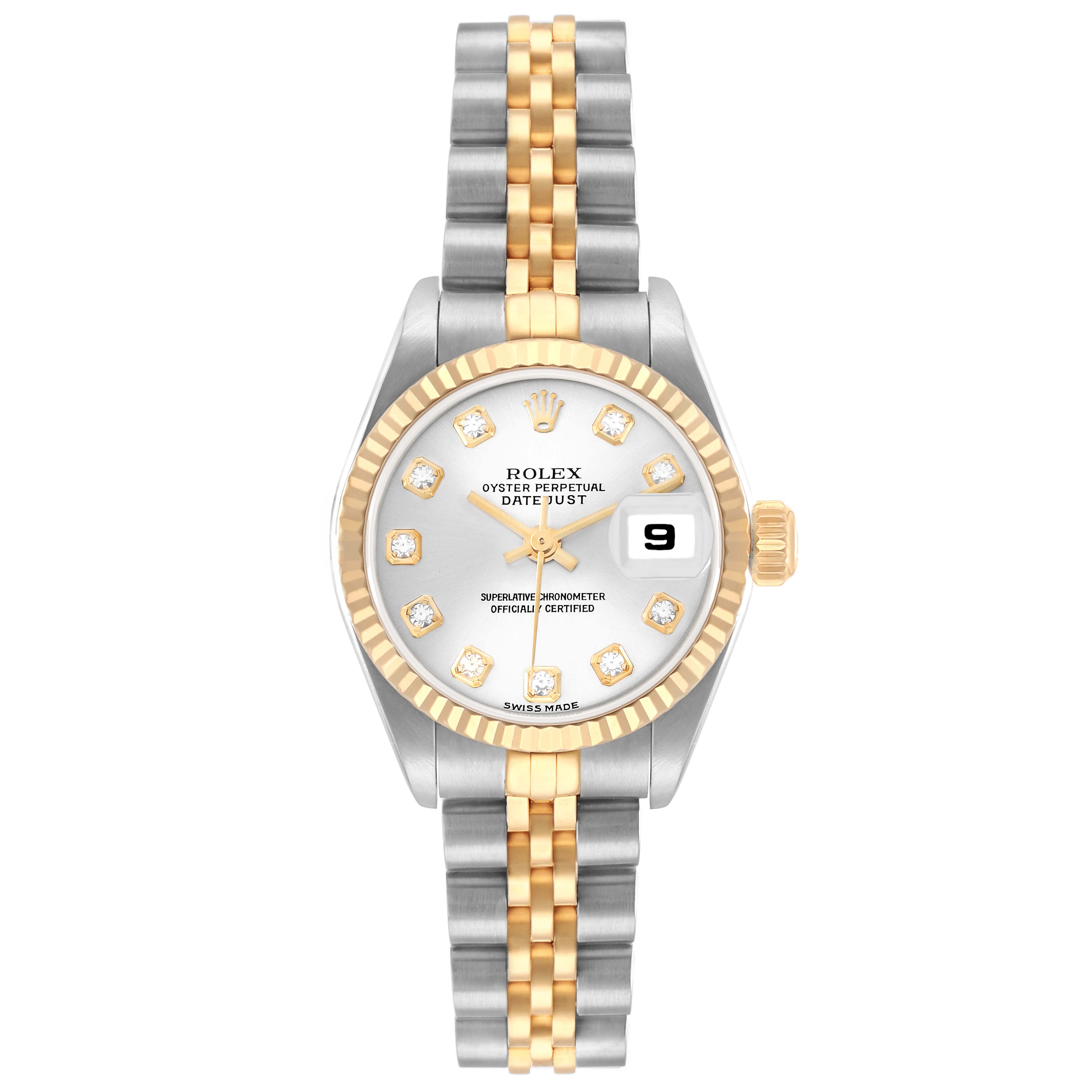 The Rolex Datejust 79173 Women
s Steel and Gold (two tone) Silver Dial watch is shown from the front, displaying its dial, fluted bezel, and two-tone Jubilee bracelet.