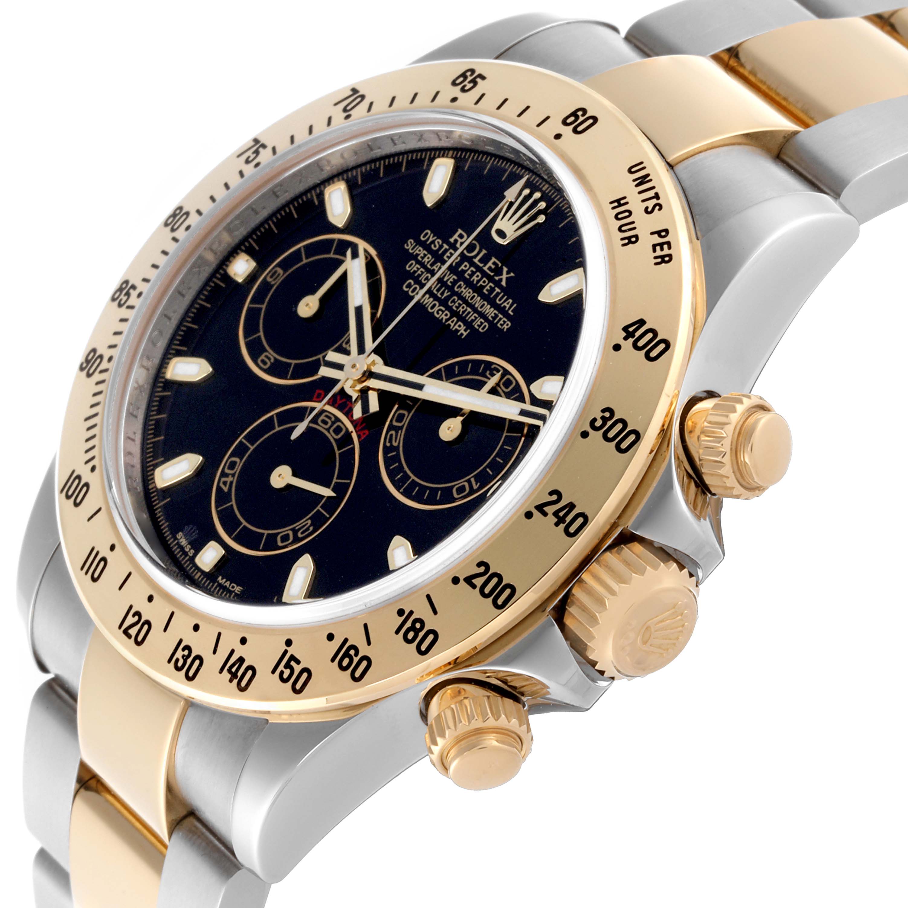 The Rolex Daytona 116523 Men's Steel and Gold (two tone) Black Dial 116523 Men's Steel and Gold (two tone) Black Dial watch is shown at a tilted angle, highlighting the face, bezel, and side pushers.