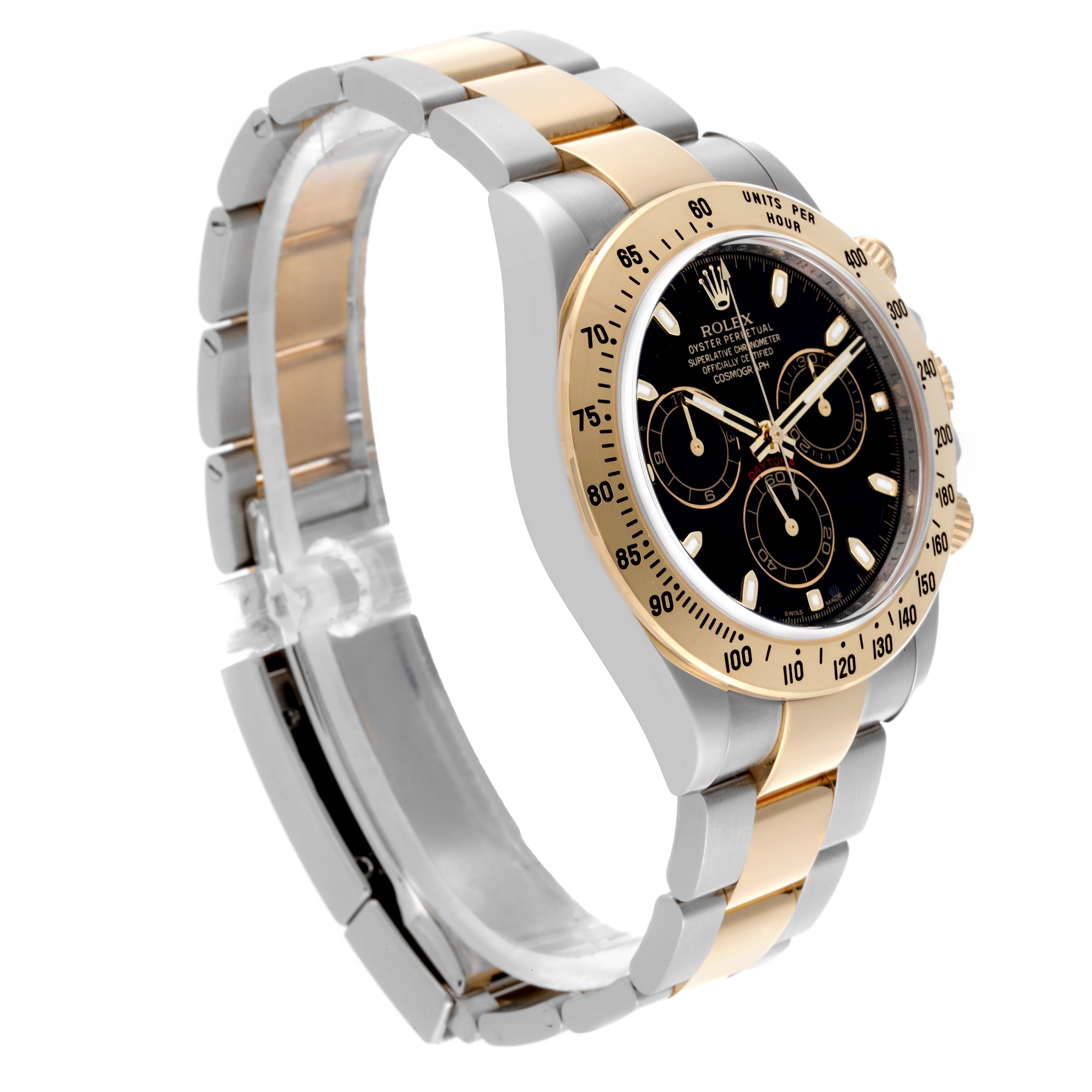 The Rolex Daytona 116523 Men's Steel and Gold (two tone) Black Dial 116523 Men's Steel and Gold (two tone) Black Dial watch is shown at a three-quarter angle featuring its bezel, dial, and part of the bracelet.