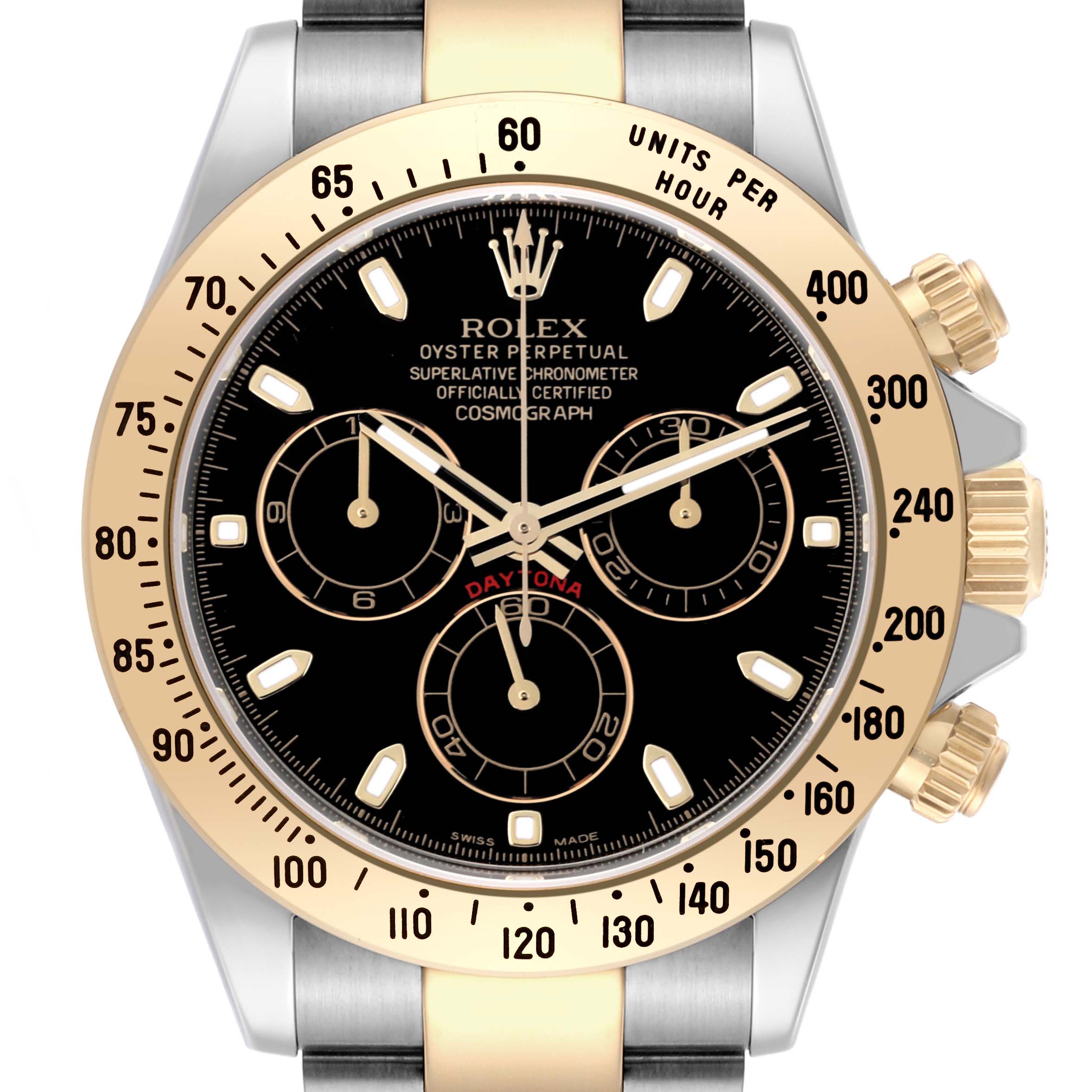 The Rolex Daytona 116523 Men's Steel and Gold (two tone) Black Dial 116523 Men's Steel and Gold (two tone) Black Dial watch is shown from the front, highlighting the dial, bezel, and pushers.