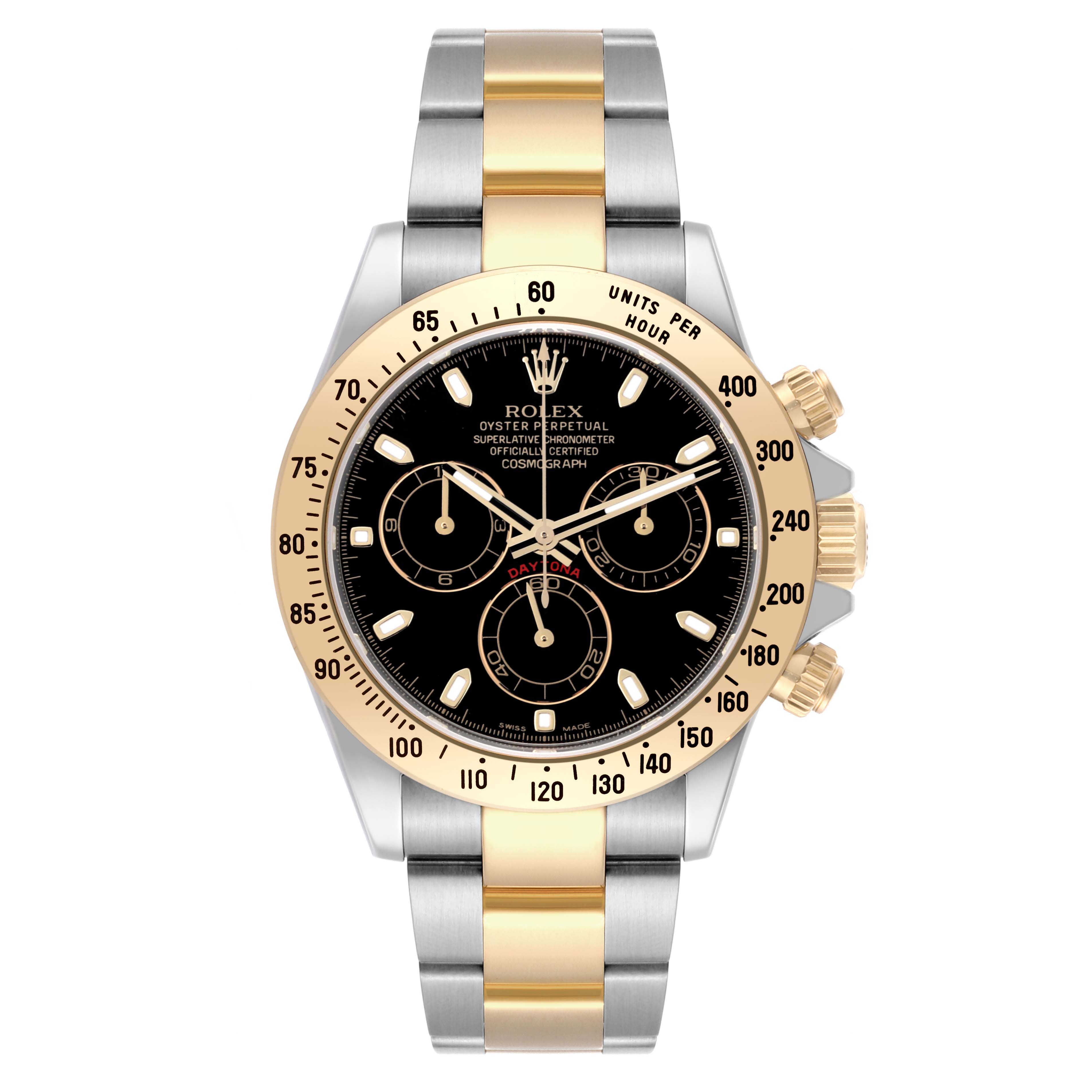 The Rolex Daytona 116523 Men's Steel and Gold (two tone) Black Dial 116523 Men's Steel and Gold (two tone) Black Dial watch is shown from the front, displaying the dial, gold bezel, and two-tone bracelet.