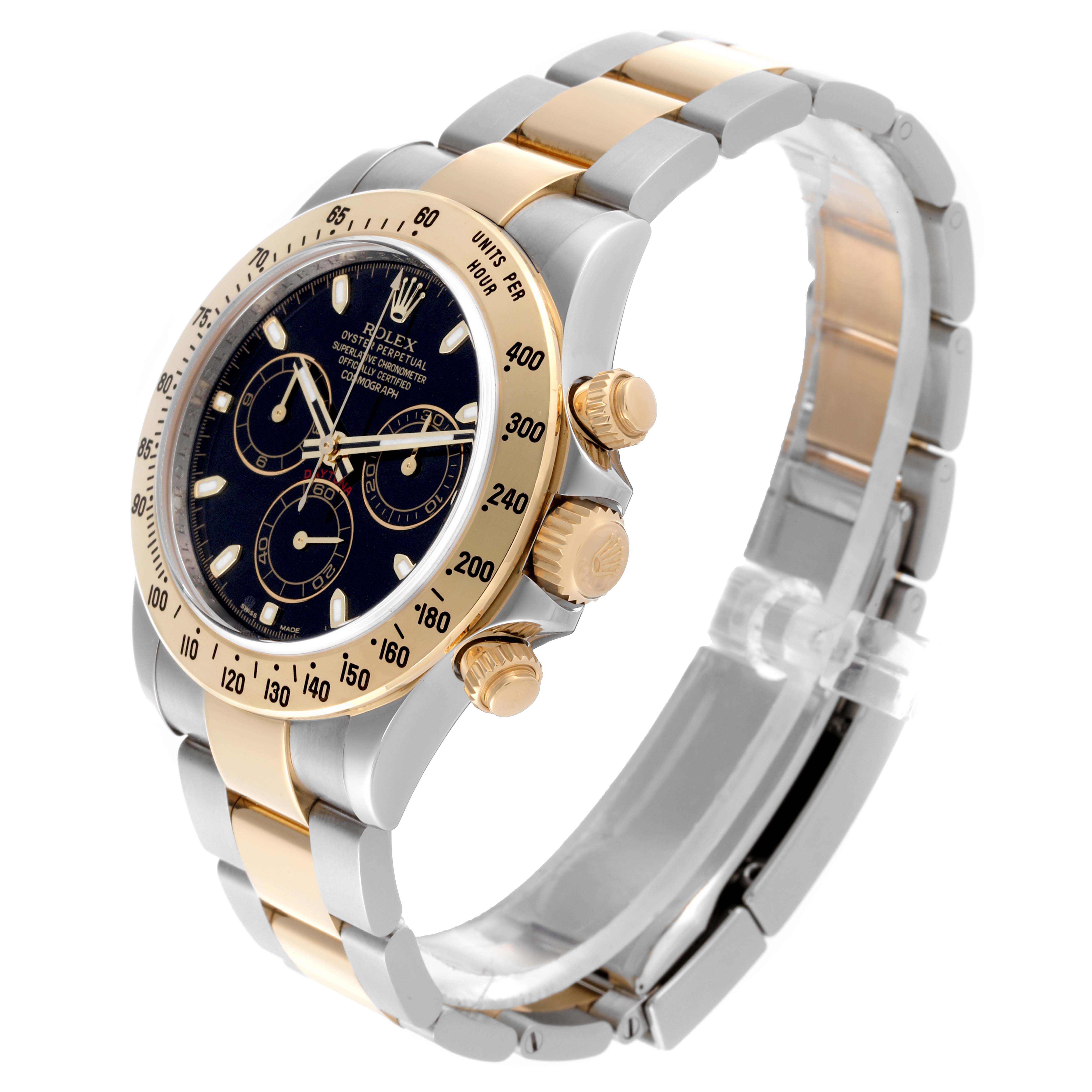 The Rolex Daytona 116523 Men's Steel and Gold (two tone) Black Dial 116523 Men's Steel and Gold (two tone) Black Dial watch is shown at a three-quarters angle, displaying the face, bezel, crown, and bracelet.