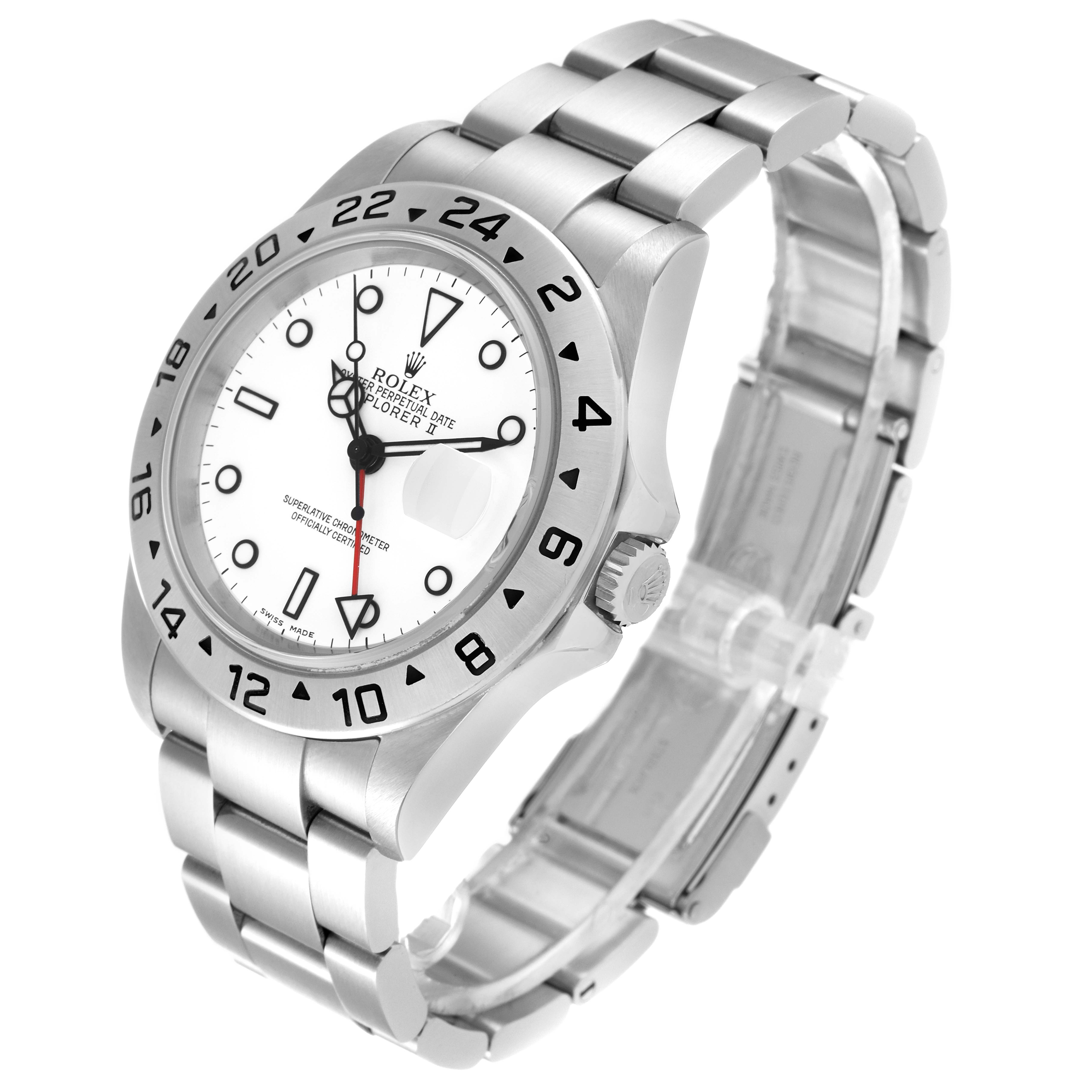 This image shows a Rolex Explorer 16570 Men
s Stainless Steel White Dial 16570 Men
s Stainless Steel White Dial watch at a three-quarter angle, highlighting its dial, bezel, and bracelet.