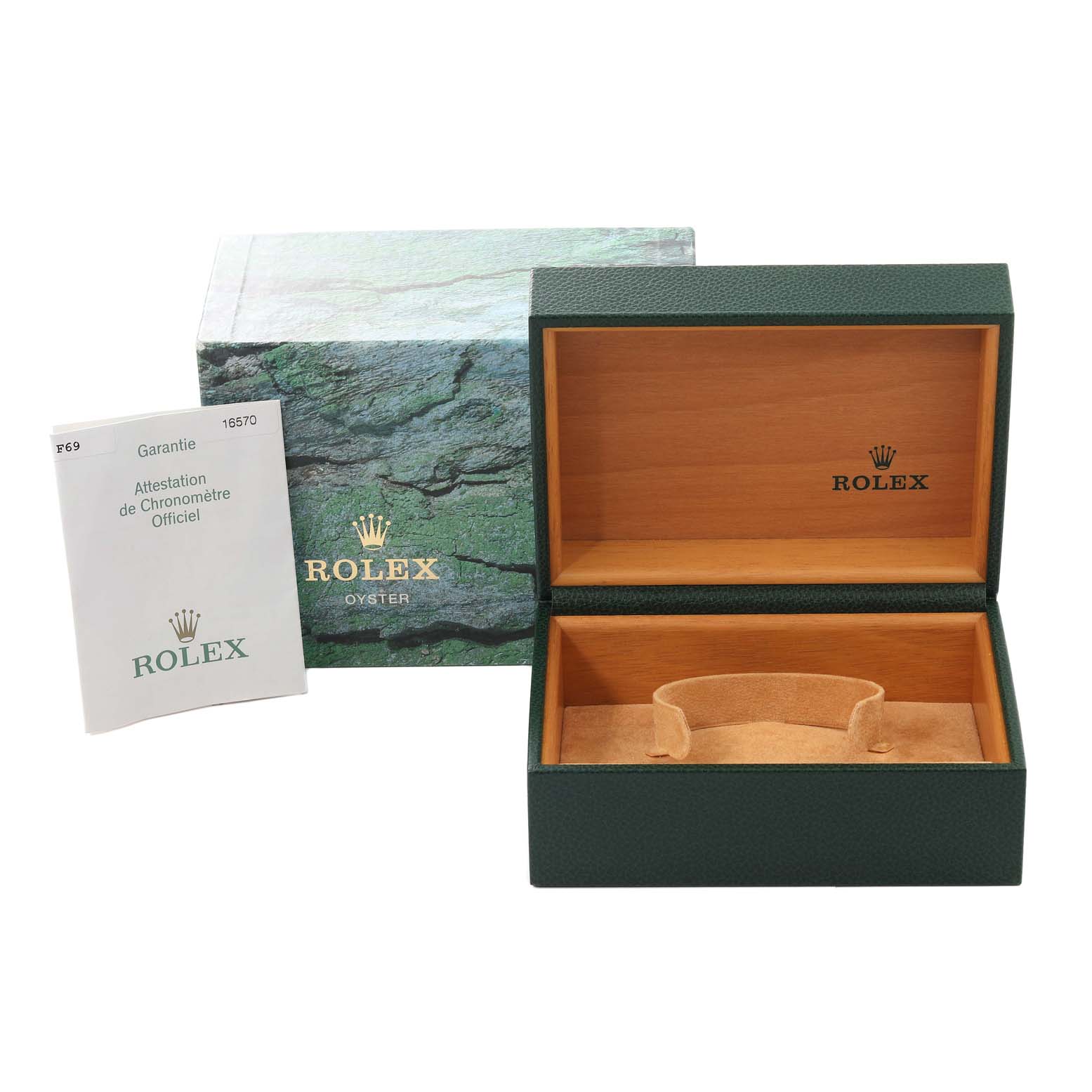 This image shows a Rolex Explorer 16570 Men
s Stainless Steel White Dial 16570 Men
s Stainless Steel White Dial watch box and papers from an overhead angle.