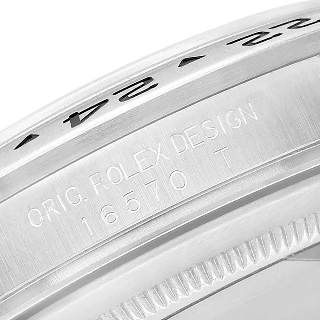 The image shows a close-up of the bezel and case with the engraved model number "16570" on a Rolex Explorer 16570 Men
s Stainless Steel White Dial 16570 Men
s Stainless Steel White Dial watch.
