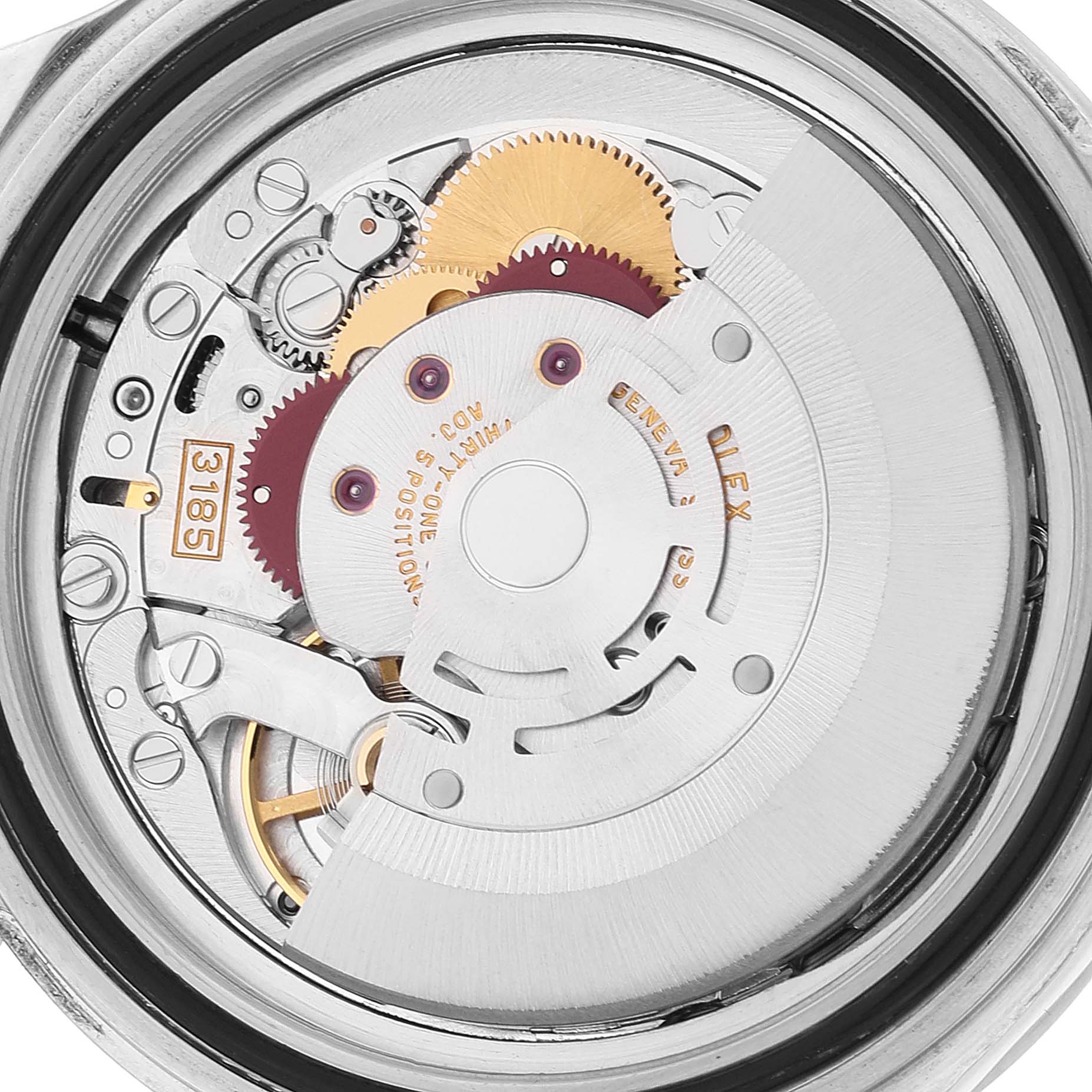 This image shows the internal mechanical movement of a Rolex Explorer 16570 Men
s Stainless Steel White Dial 16570 Men
s Stainless Steel White Dial watch viewed from the back.