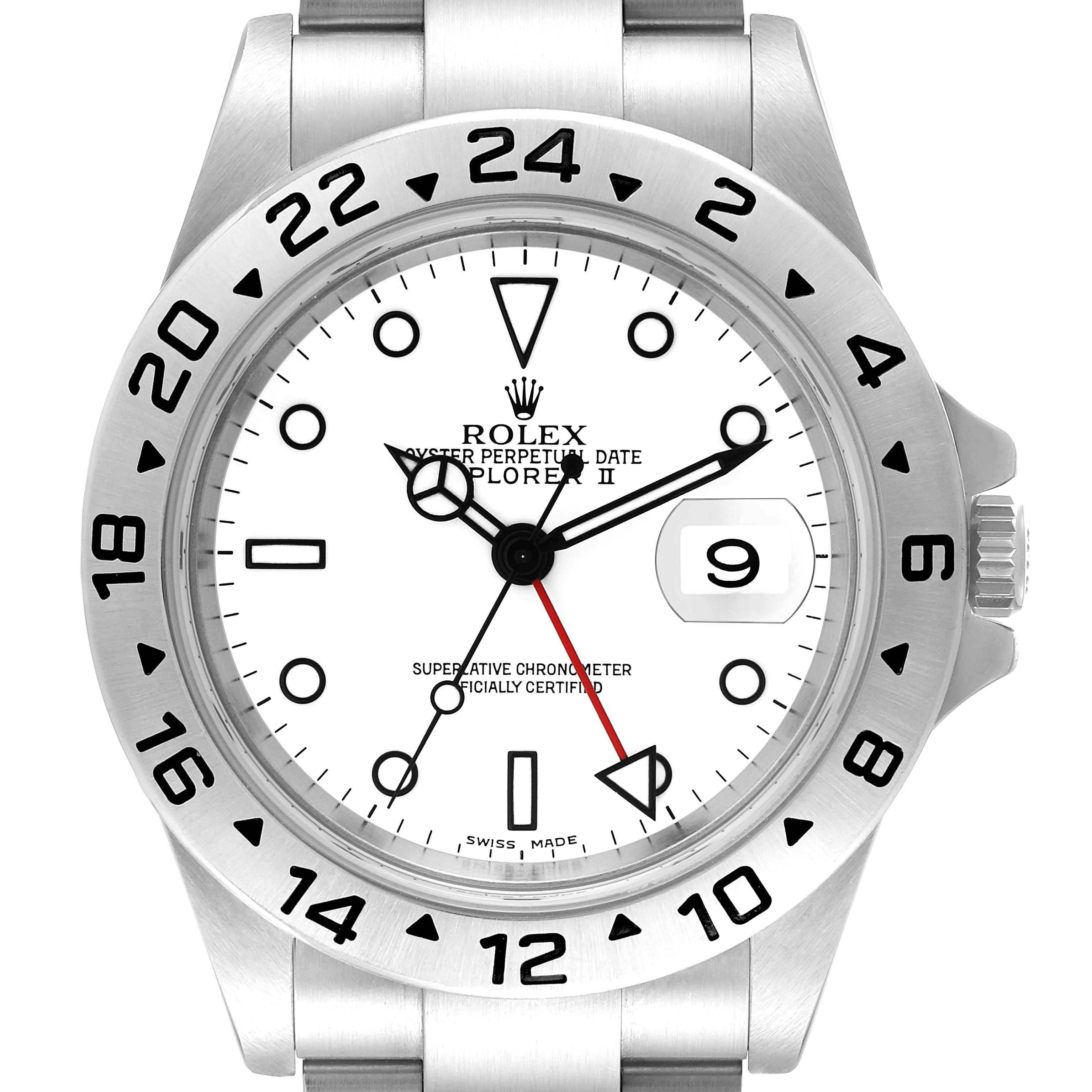 The image shows a front view of the Rolex Explorer 16570 Men
s Stainless Steel White Dial 16570 Men
s Stainless Steel White Dial watch, including the dial, bezel, and part of the bracelet.