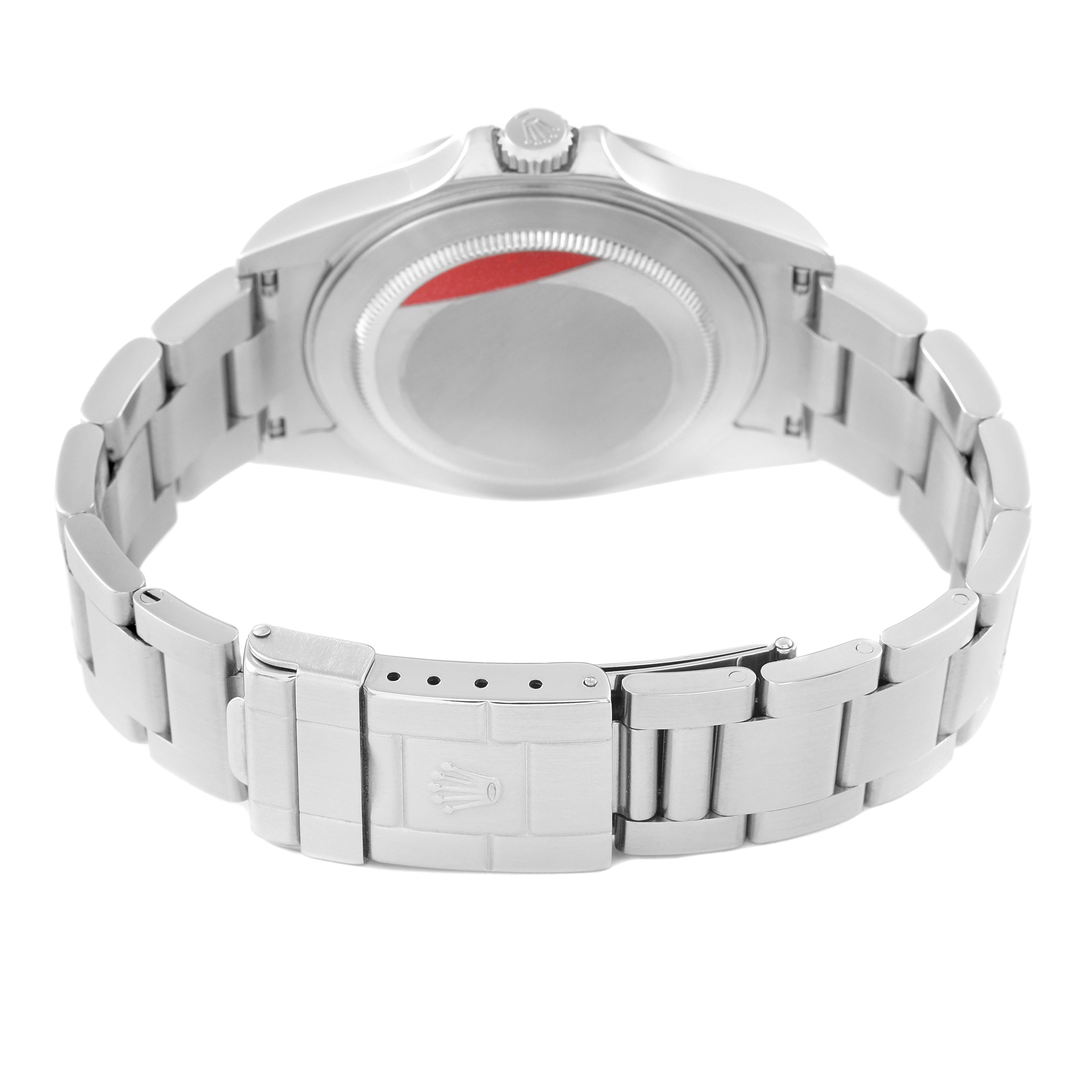 The image shows the back view of a Rolex Explorer 16570 Men
s Stainless Steel White Dial 16570 Men
s Stainless Steel White Dial watch, highlighting the bracelet and clasp details.