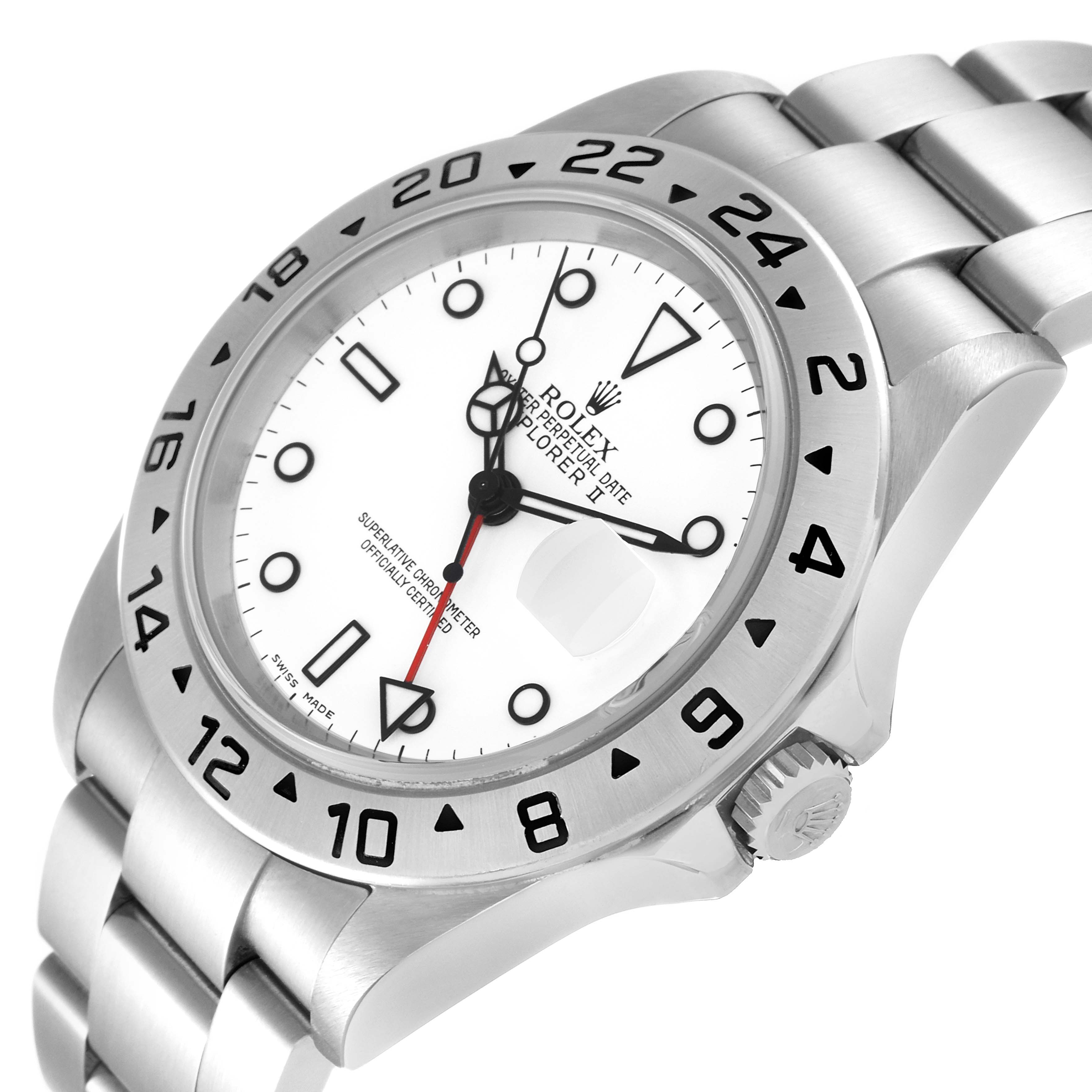 The image shows a close-up angled view of the Rolex Explorer 16570 Men
s Stainless Steel White Dial 16570 Men
s Stainless Steel White Dial II, highlighting the watch face, bezel, crown, and part of the bracelet.