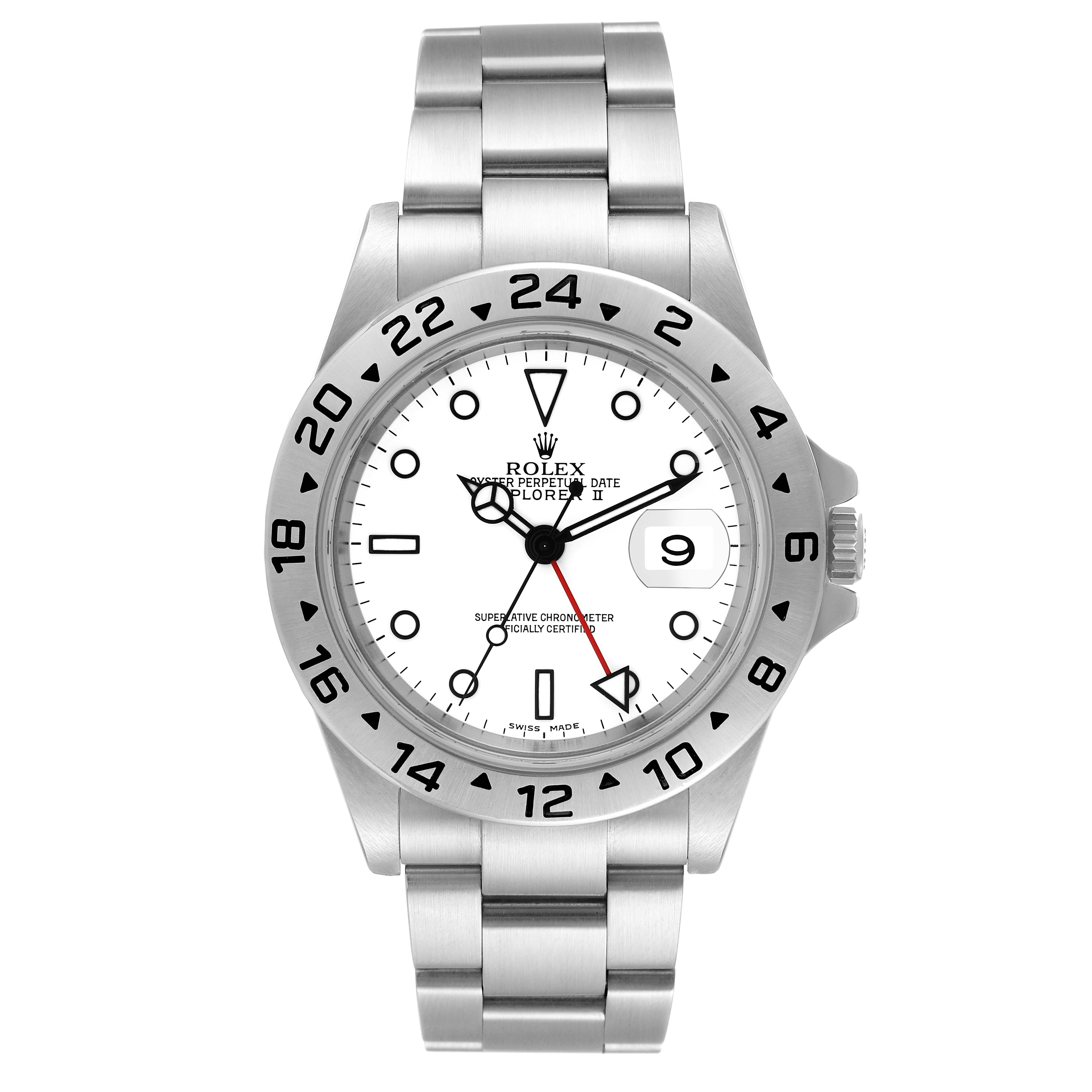 The Rolex Explorer 16570 Men
s Stainless Steel White Dial 16570 Men
s Stainless Steel White Dial watch is shown from the front, displaying its face, bezel, crown, and bracelet.