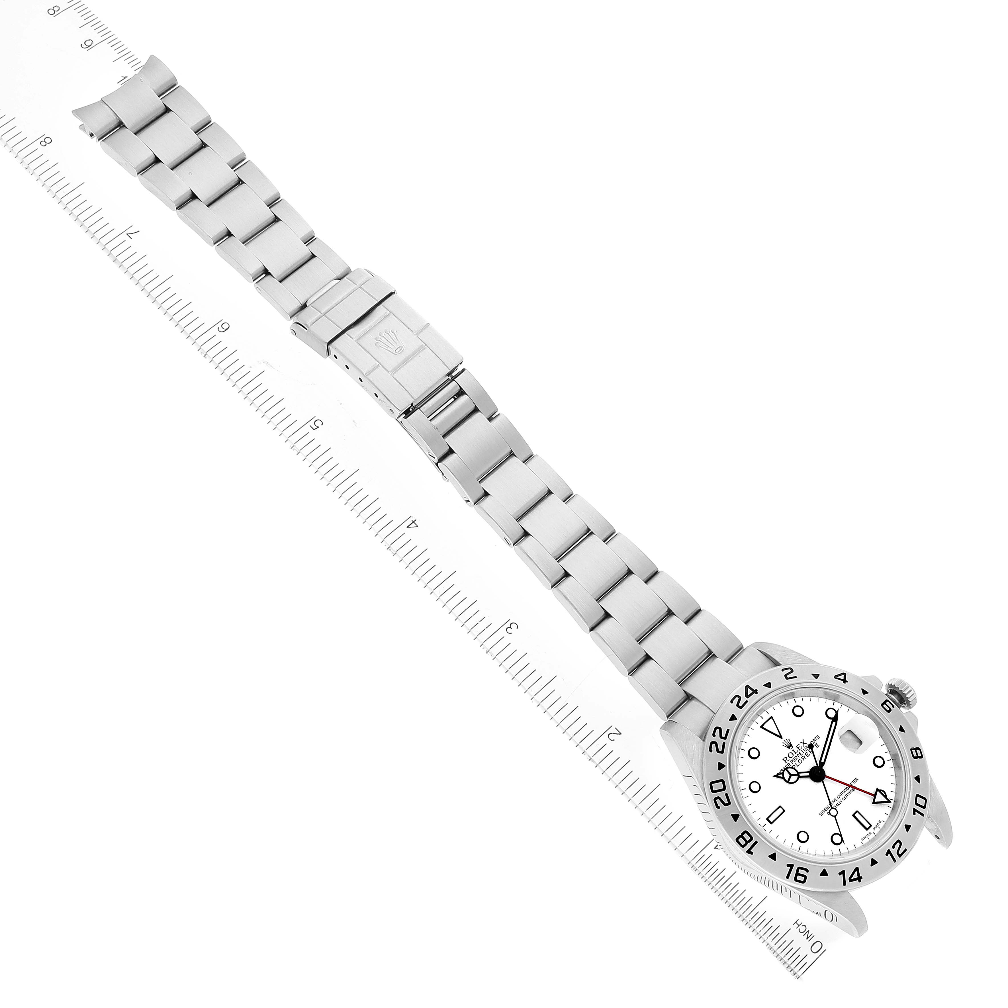 The image shows a full view of the Rolex Explorer 16570 Men
s Stainless Steel White Dial 16570 Men
s Stainless Steel White Dial watch, including its bracelet, clasp, and the face with a white dial and bezel.